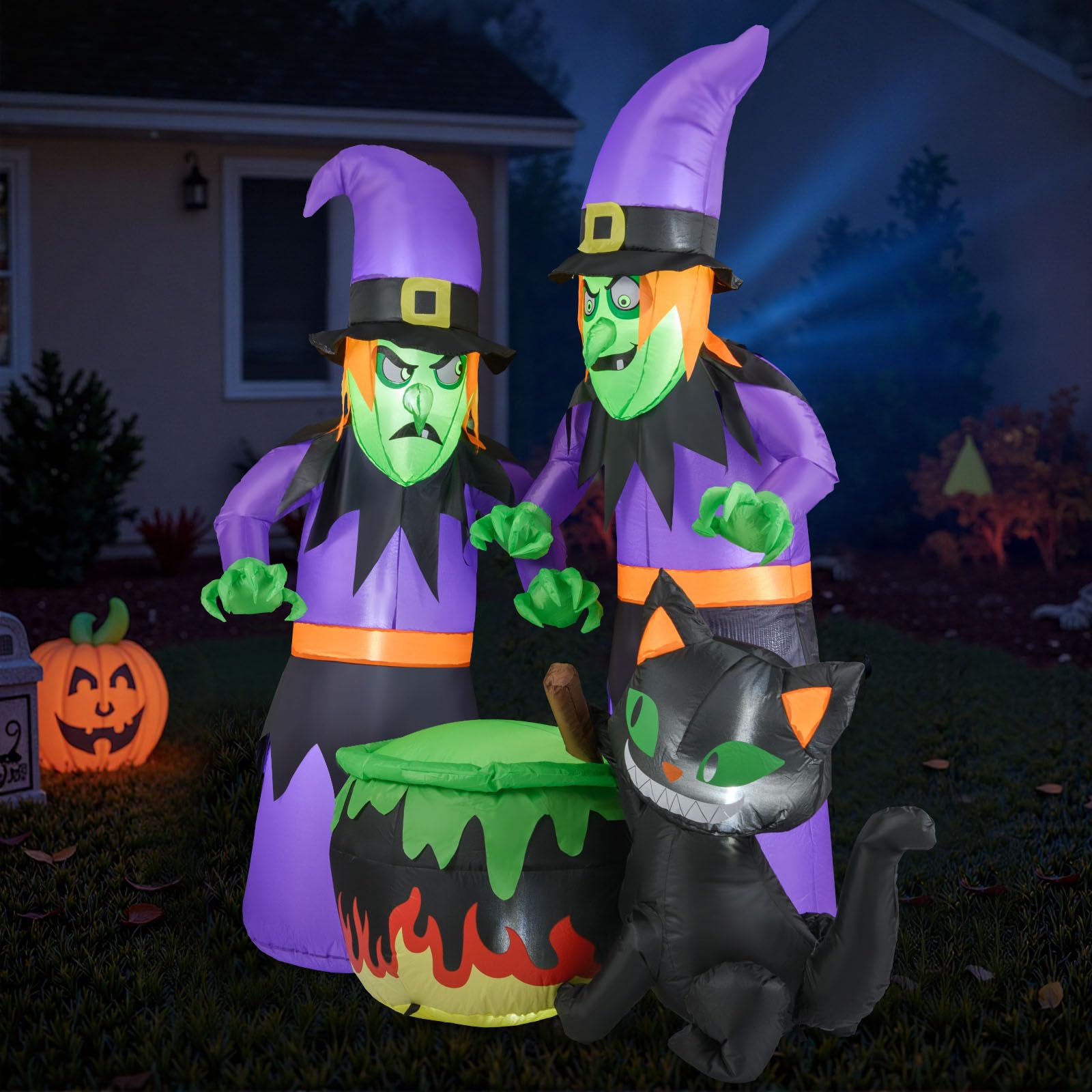 Tangkula 6 Ft Inflatable Halloween Witches, Blow up 2 Scary Witch Decoration with Cauldron & Black Cat, LED Lights, Ground Stake
