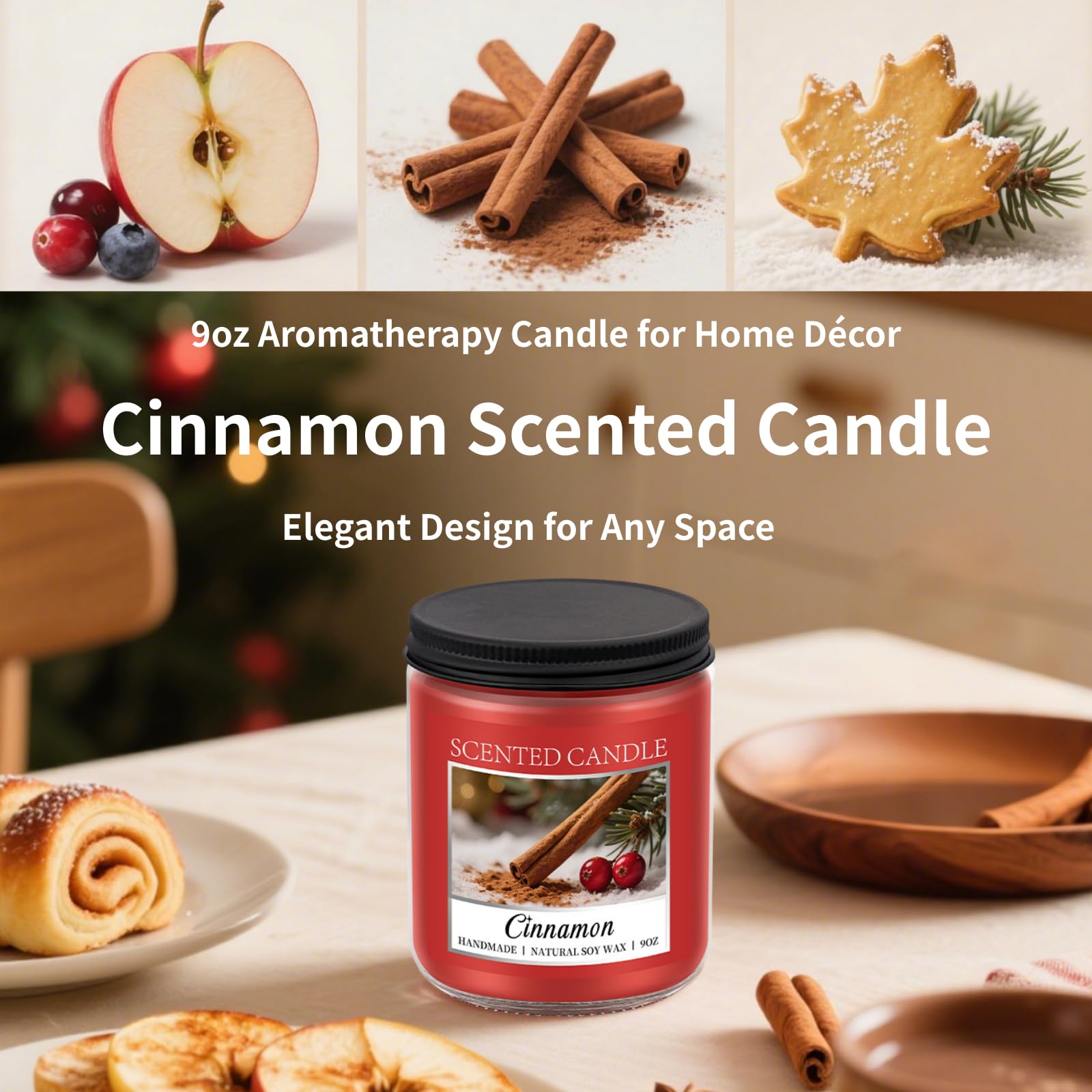 Homsolver Cozy 9OZ Cinnamon Candle Scented Strong, Christmas Candles Cinnamon Stick Apple Scented with 50+ Hours of Burn Time, F