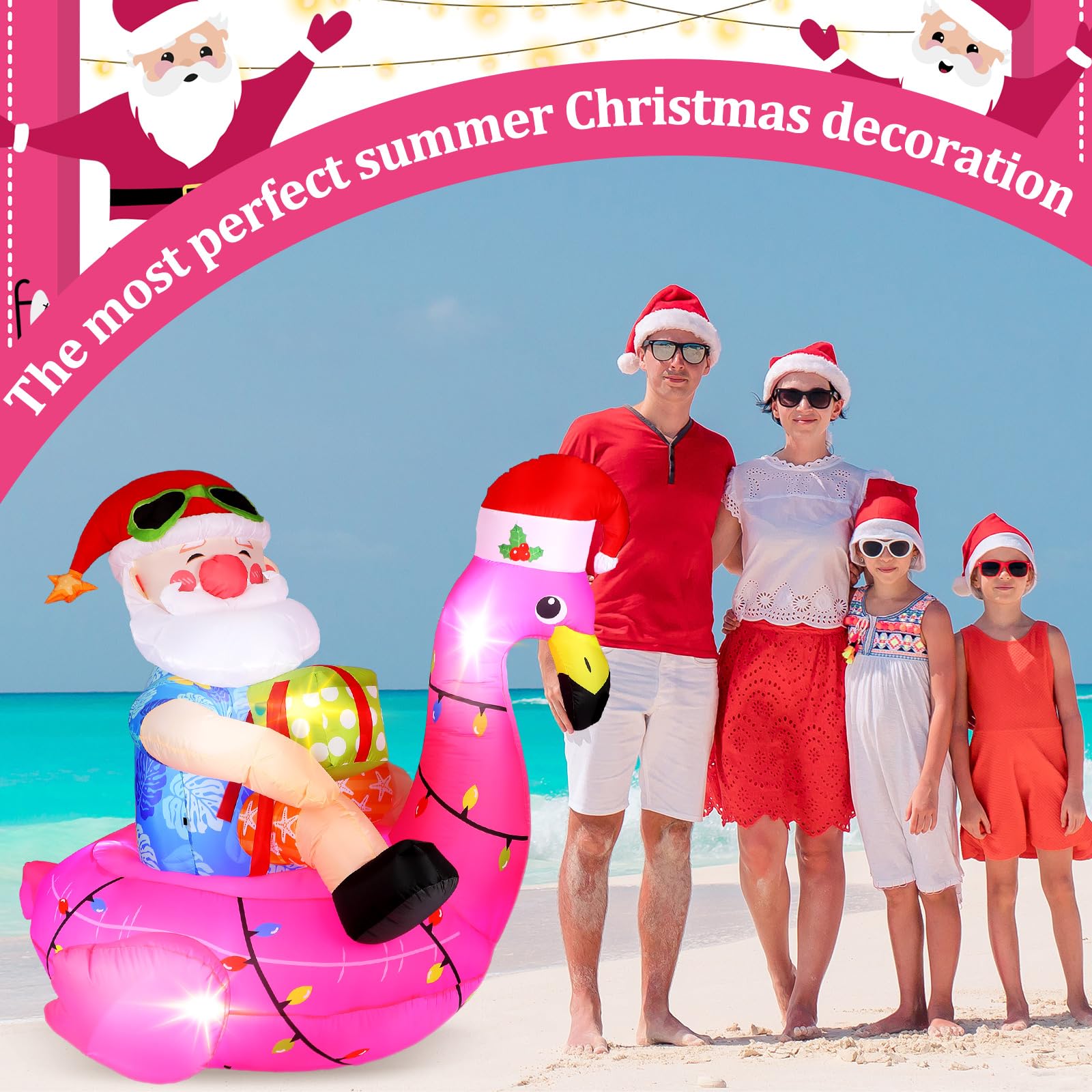 Christmas Inflatable Outdoor Yard Decoration 5ft Hawaiian Santa Claus on Flamingo Inflatable Decoration with LED Light Christmas
