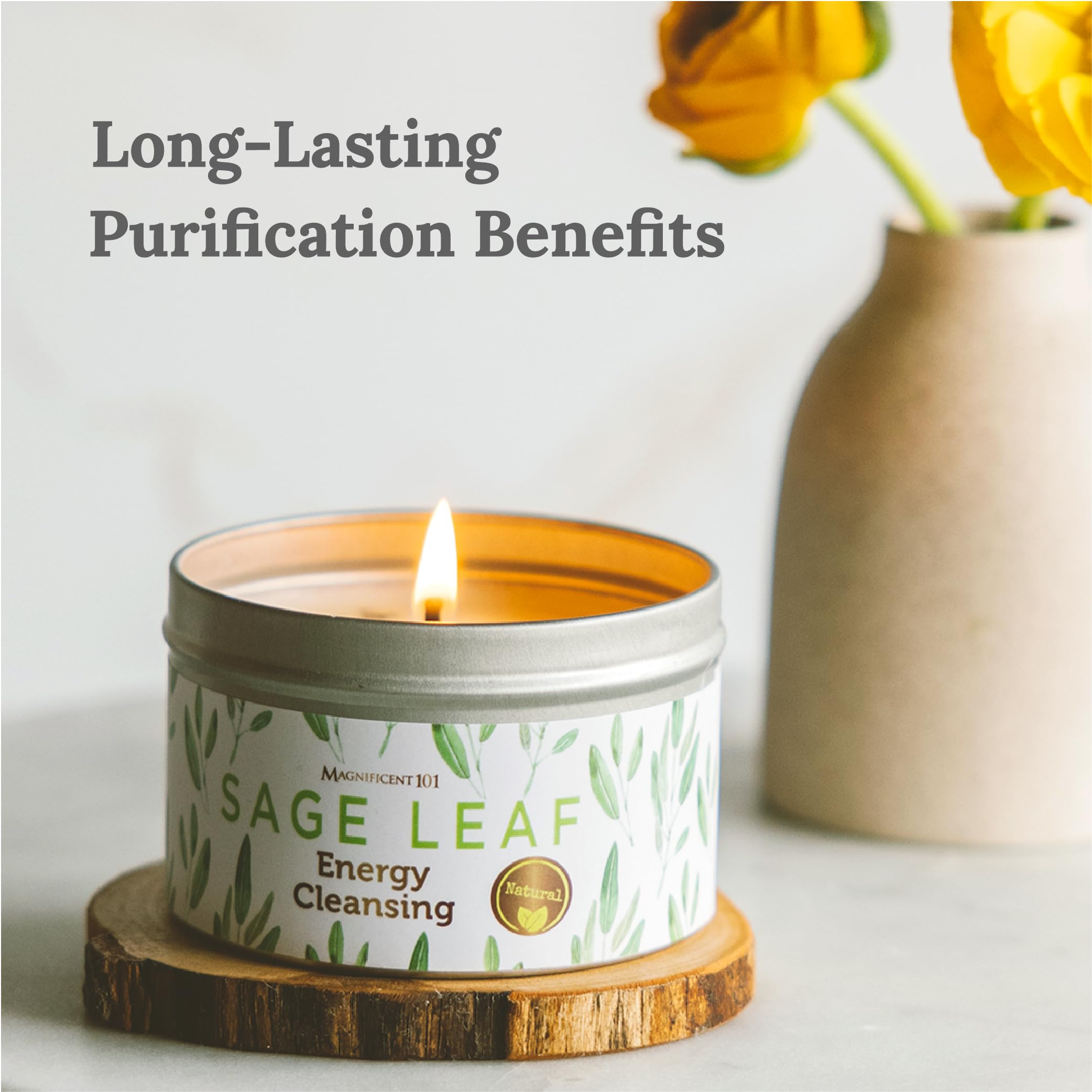 Magnificent 101 Sage Leaf Energy Cleansing Candle in 6-oz. Tin Holder: 100% Natural Soy Wax with Pure White Sage Leaves & Essent