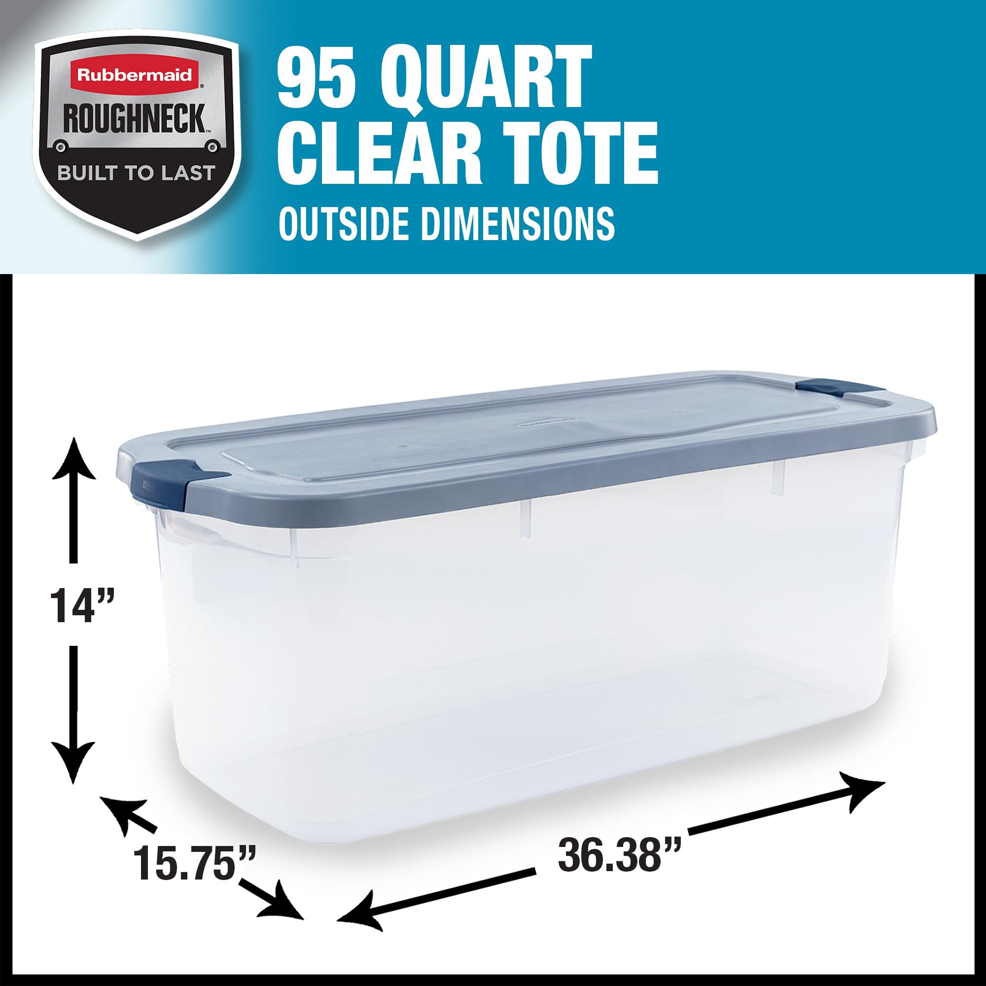 Rubbermaid Roughneck Clear 95 Qt/23.75 Gal Storage Containers, Pack Of 4 With Latching Grey Lids, Visible Base, Sturdy And Stack