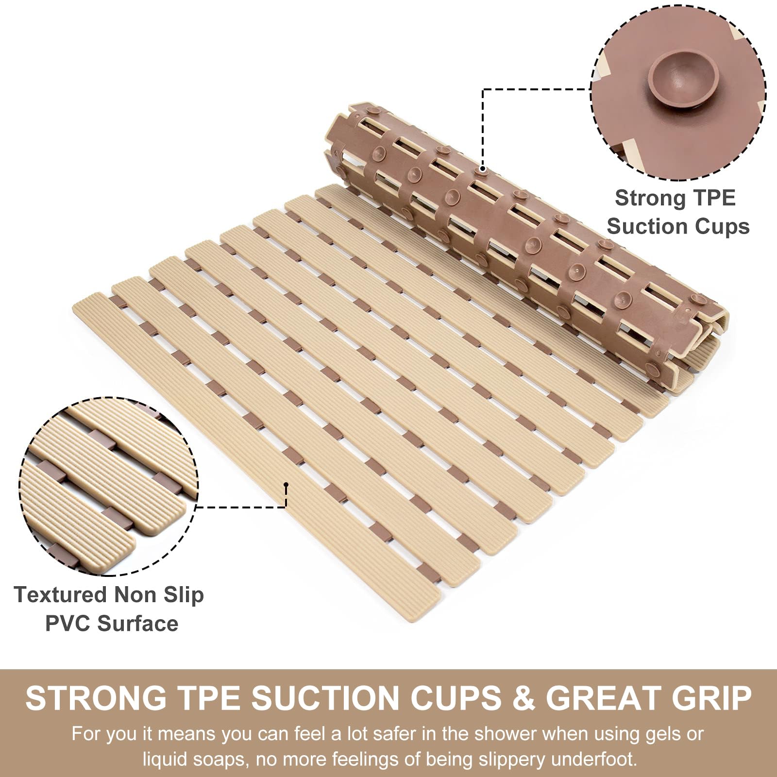 Yolife Non Slip Bath Mat Quick Drain Shower Floor Mat Colorful Bathtub Mat Slatted Duckboard Design With Suction Cups (C-Brown,