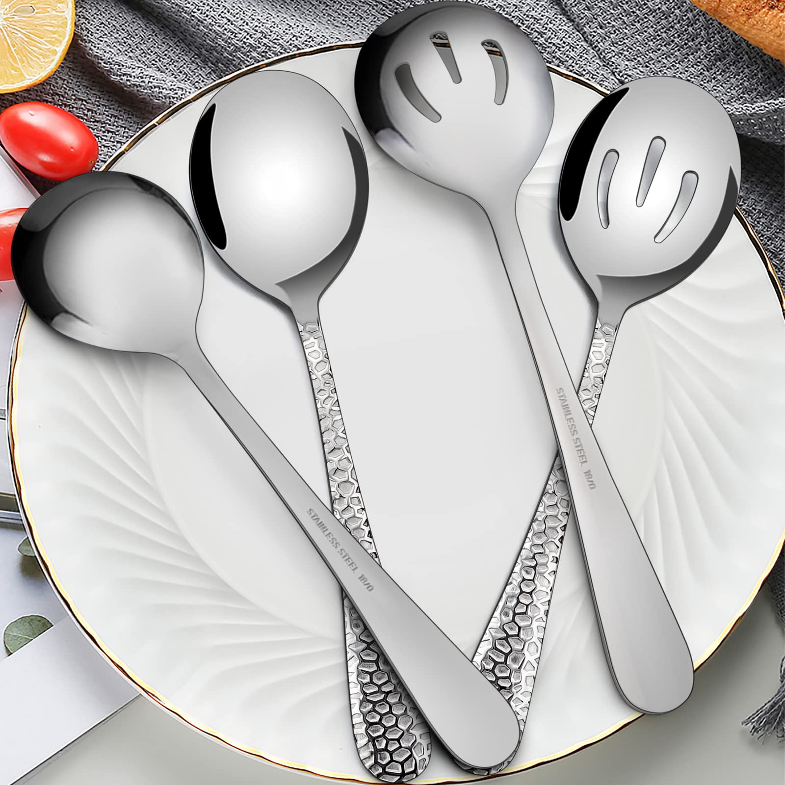 Hammered Serving Spoons, E-Far 8-Piece Metal Serving Utensils Set - Solid Spoons X 4, Slotted Spoons X 4, Stainless Steel Hostes