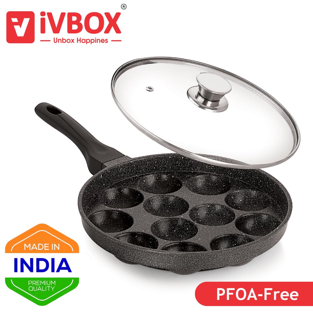 ivbox MAX-PRO Appam Pan Heavy-Weight Non-Stick appe Paniyarakkal Maker with Glass Lid, Cast Aluminium, Silver Grey