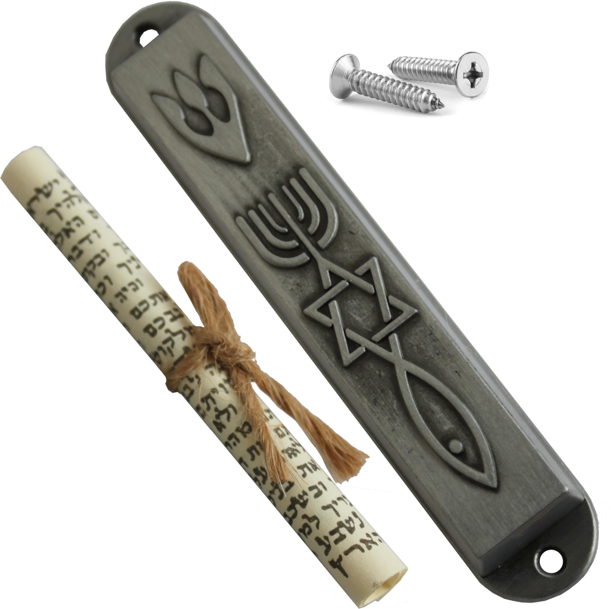 Holy Land Market Messianic Seal Mezuzah Case with Scroll - Heavy Pewter, 3.5 in, Raised Surface Messianic Mezuzah case with Scro