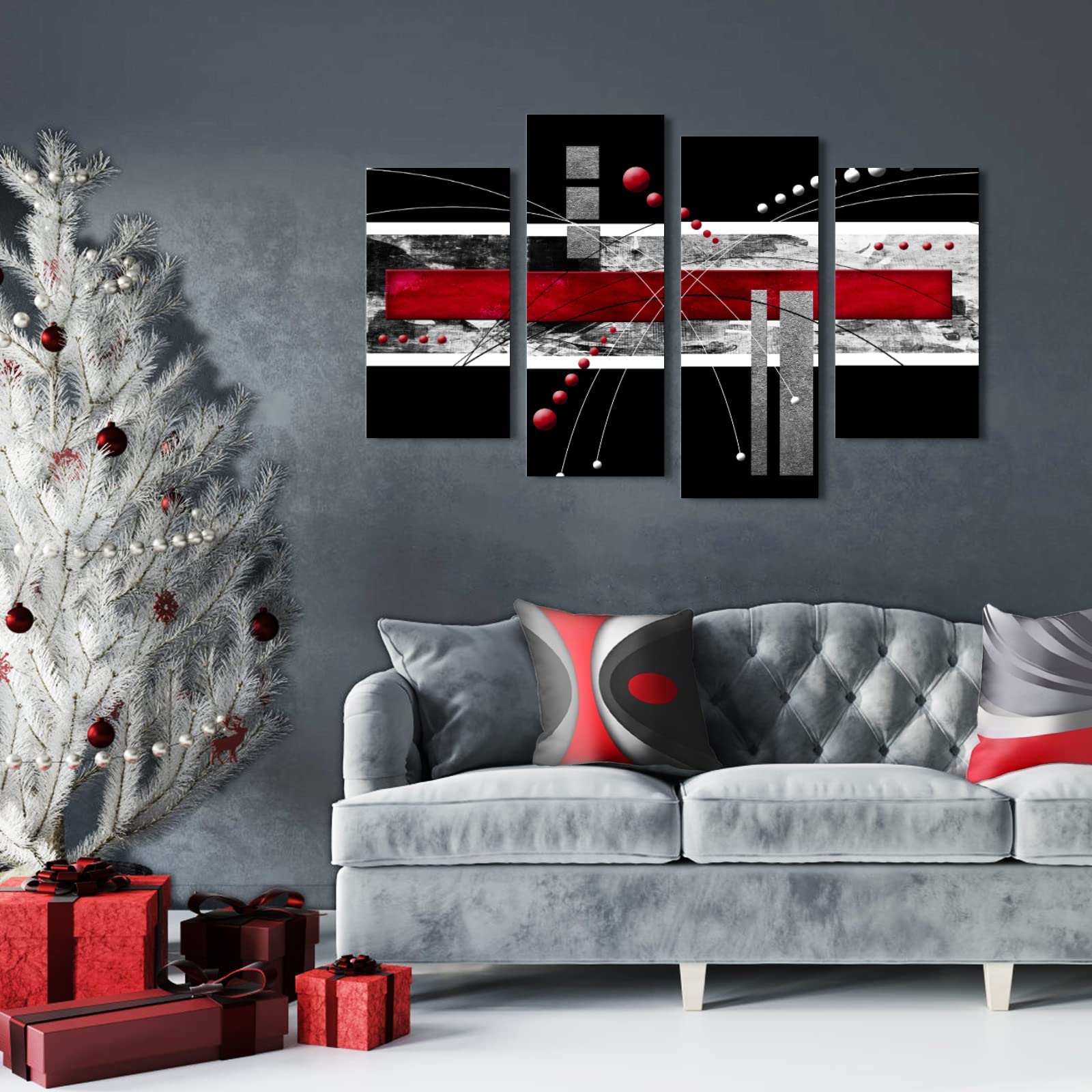 Ypy Large Black Red Canvas Wall Art - 4 Panels Modern Abstract Picutre Set For Home Decoration - Contemporary Painting Artwork R