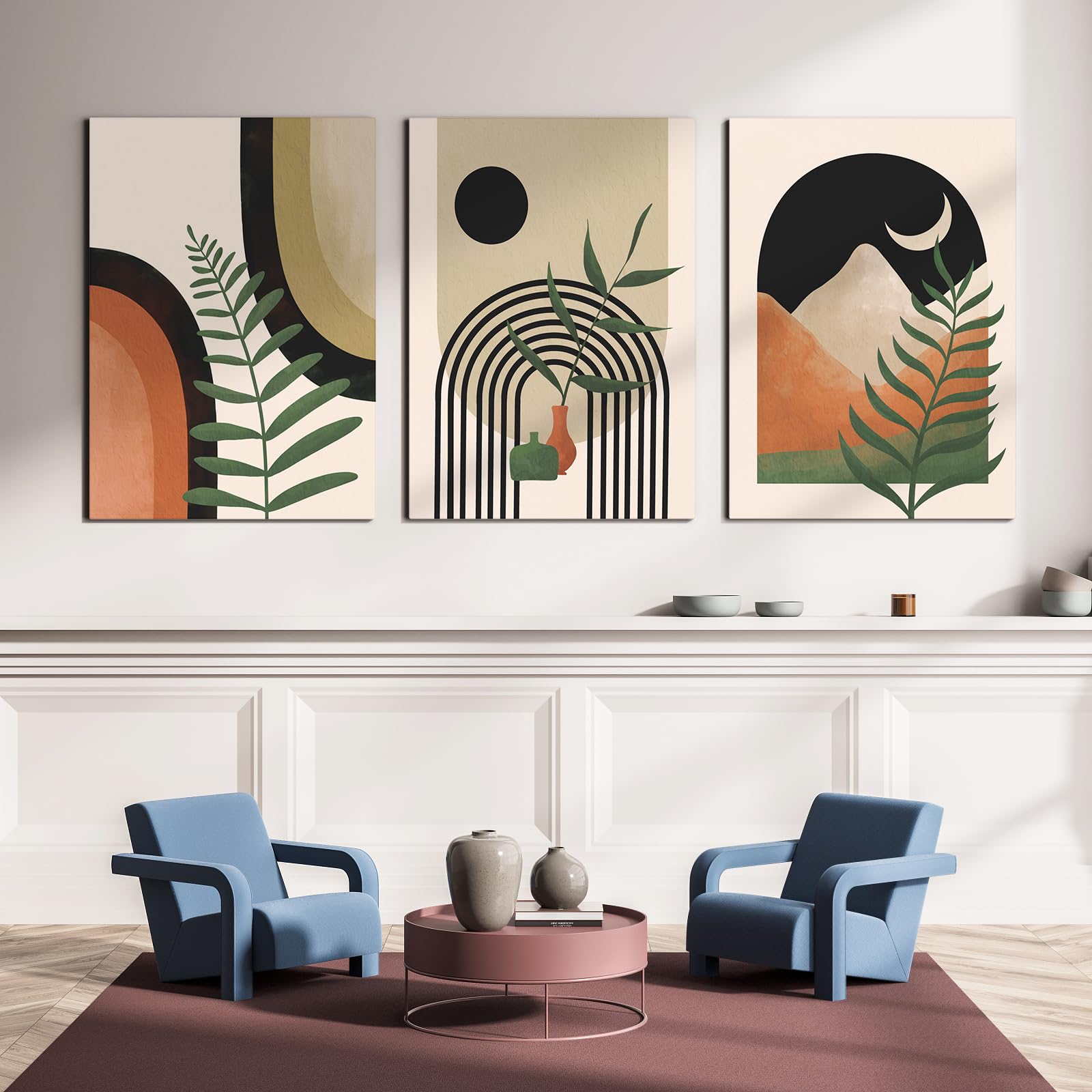 Large Framed Boho Wall Art Painting,Boho Wall Art,Room Decor, Mid Century Modern Wall Art,Neutral Abstract Geometric Prints Blac
