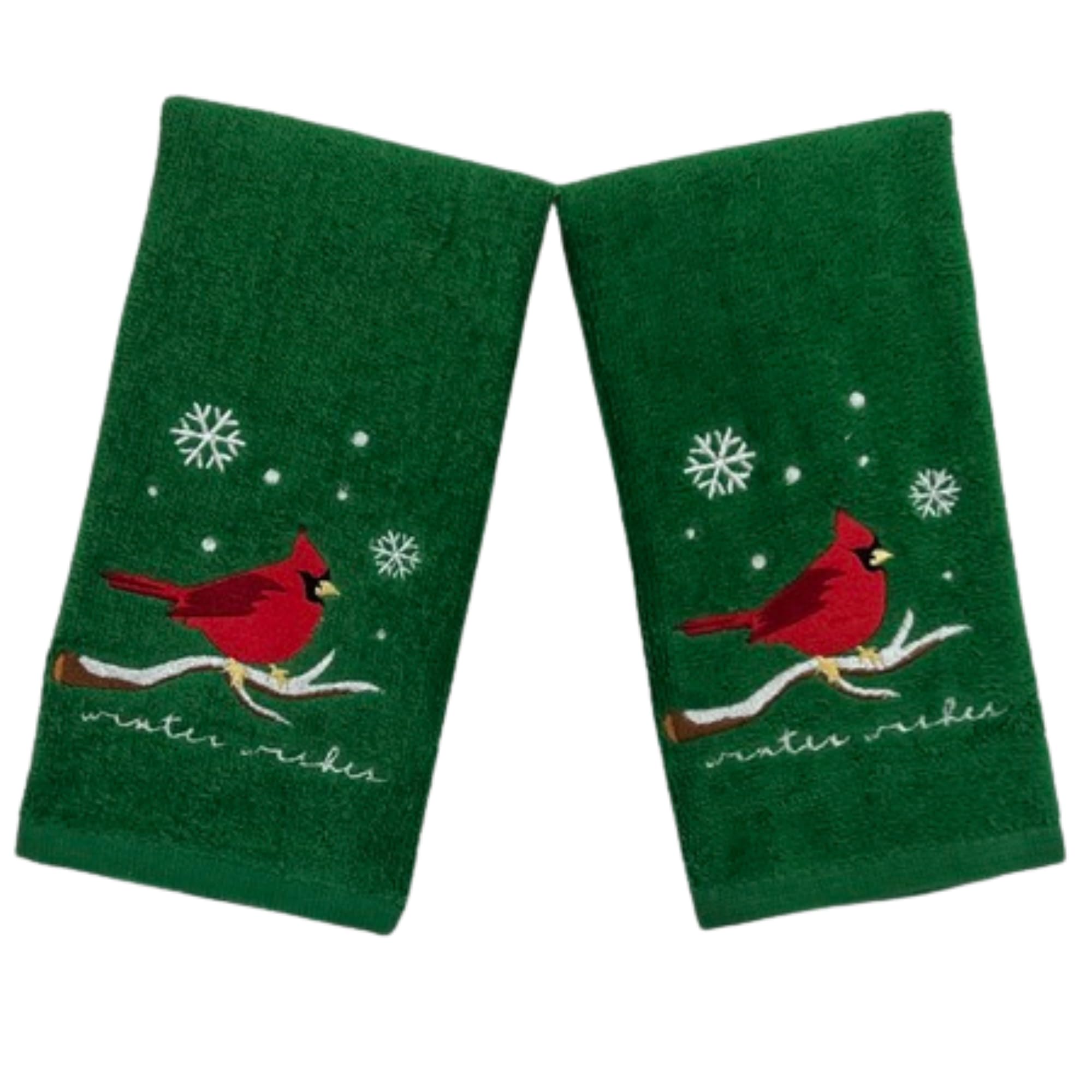 Green Christmas Fingertip Bath Towels, Embroidered Red Cardinal On Branch, 2 Piece Set, 12 X 18 Inches, 100% Luxury Cotton, Fest