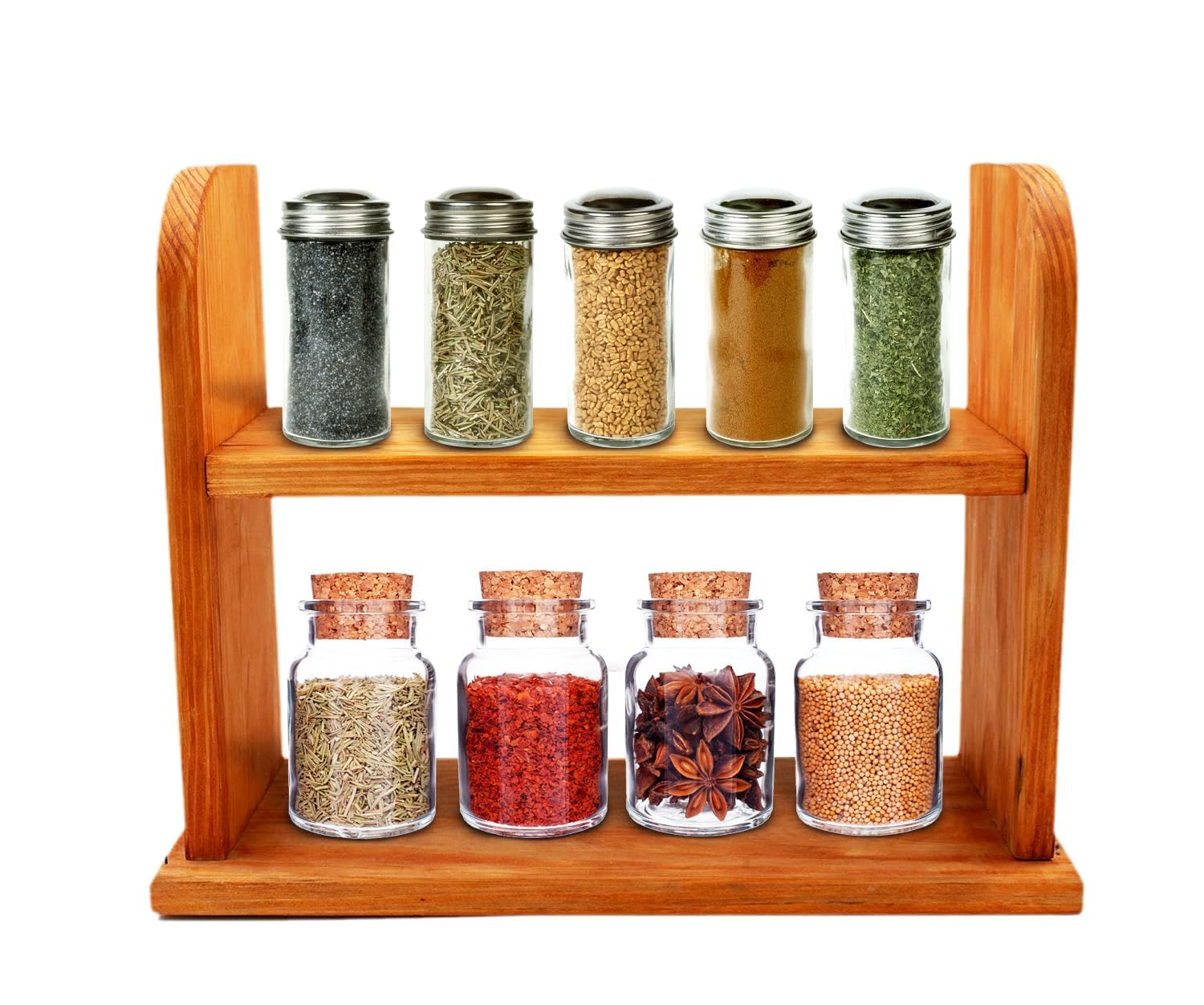 Saif Handicrafts 2Tier Acacia Wood Floating Shelves With Spice Storage Organizer, Multipurpose Organizer Rack For Storage, Disp