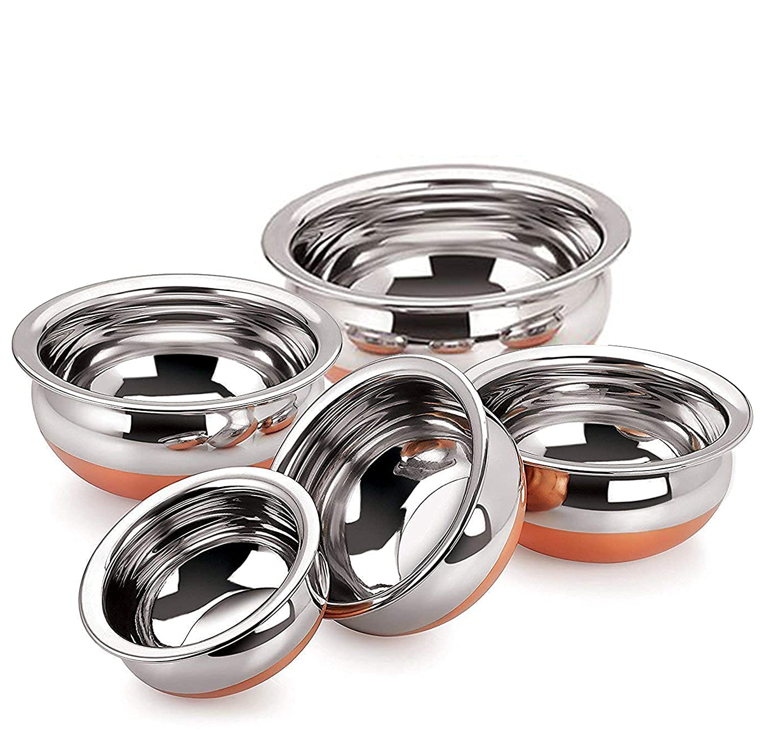 Ksjone Indian Serving Handi 5 Pcs. Set - Copper Bottom 500Ml, 750Ml, 900Ml, 1400 Ml, 1900 Ml. Stainless Steel Cooking Pot Biryan