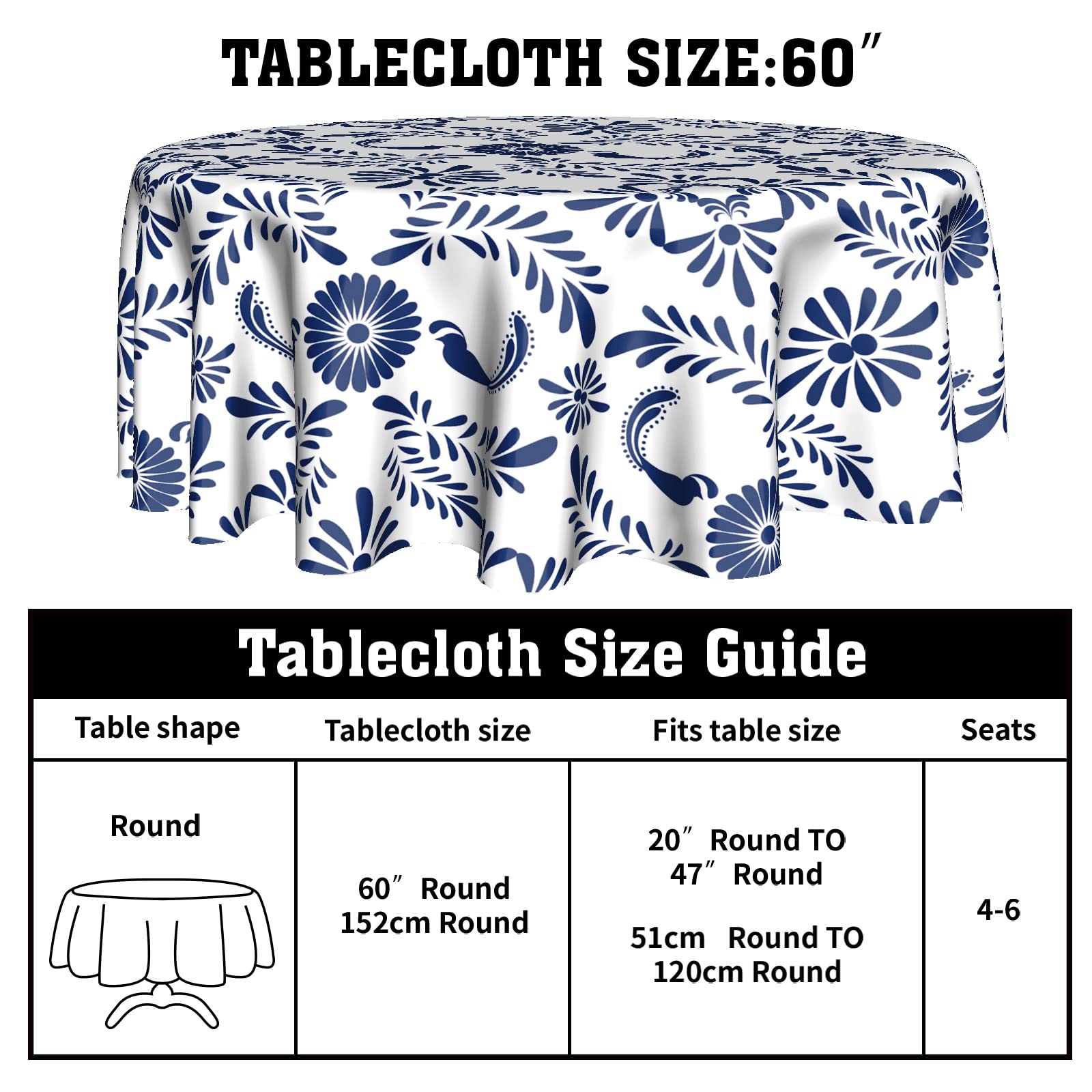 Cafl Round Tablecloth Blue And White Porcelain Floral Mexican Talavera Table Cloths Waterproof For Party Dining Holiday Banquet