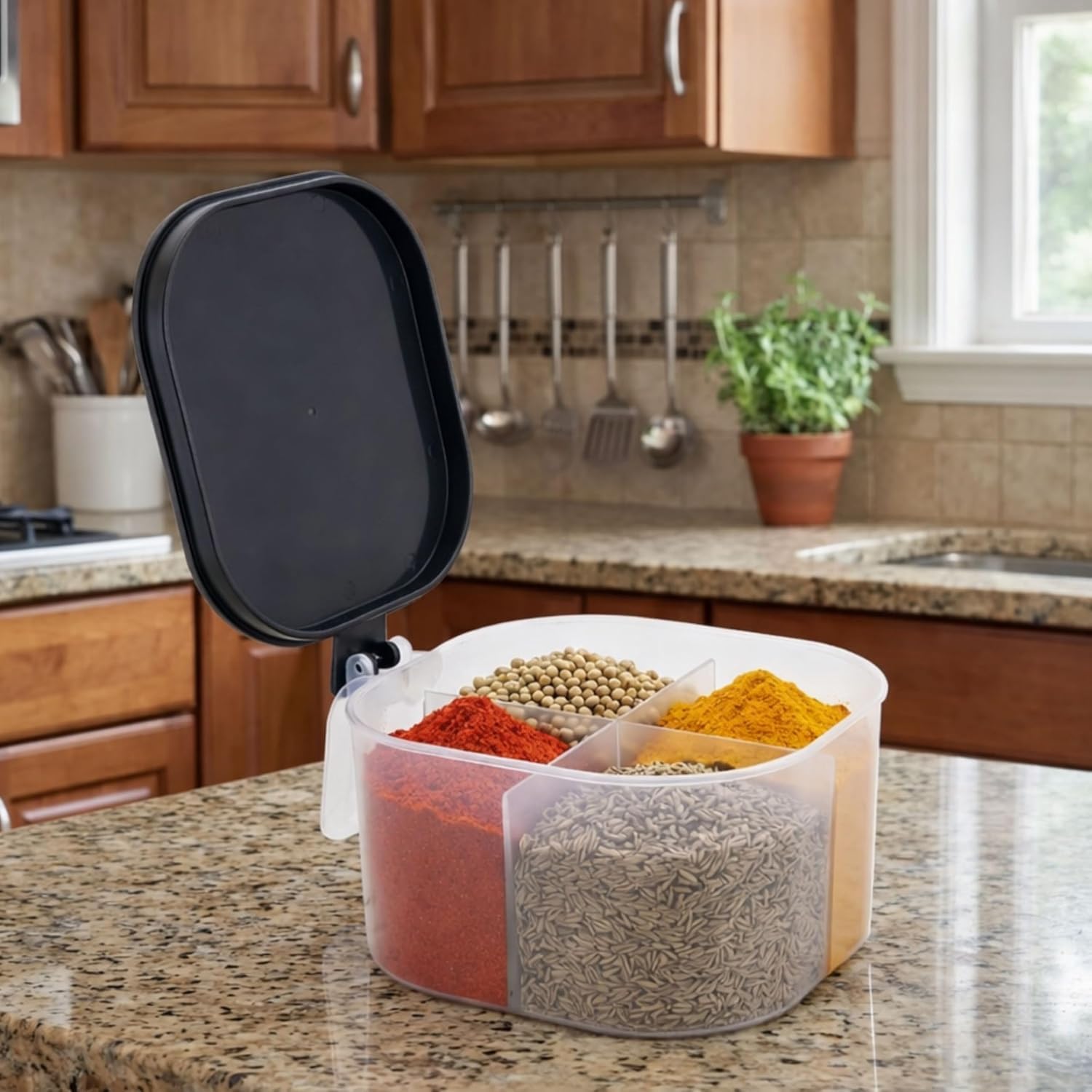 Spice Container With 4 Compartments, Clear Plastic, Black Lid, Square Shape, Kitchen Storage Organizer