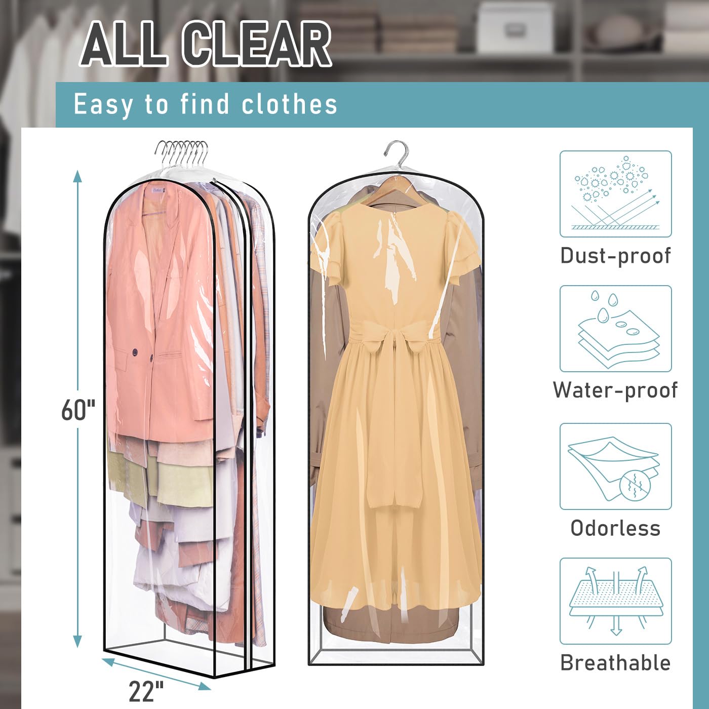 Misslo 10'' Gusseted All Clear Garment Bags For Hanging Clothes 60'' Dress Bags For Gowns Long Hanging Clothes Bag For Closet Dr