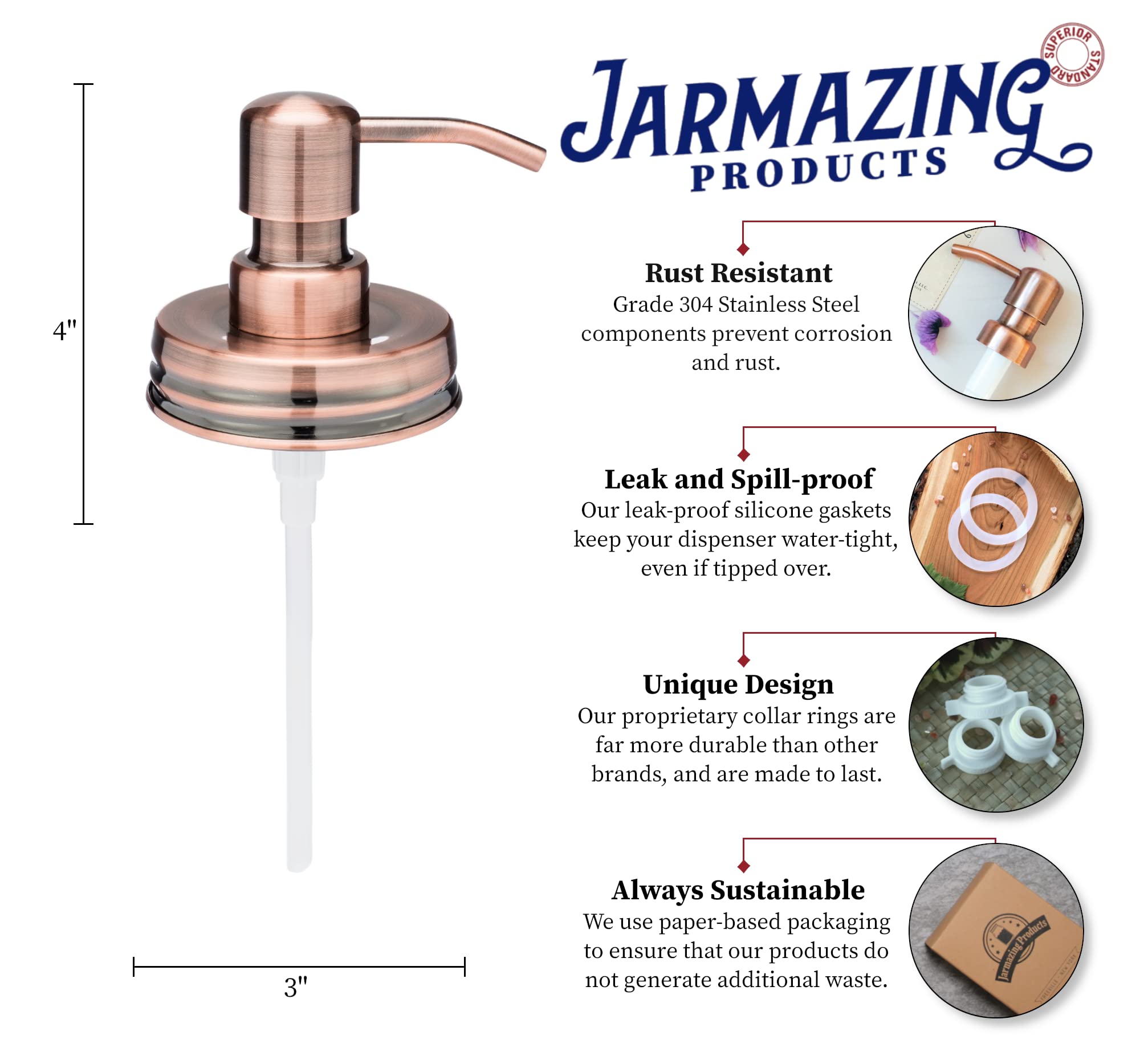 Jarmazing Products Classic Vintage Styled Copper Mason Jar Soap Dispenser Lids - Two Pack - For all Regular Mouth Canning Jars