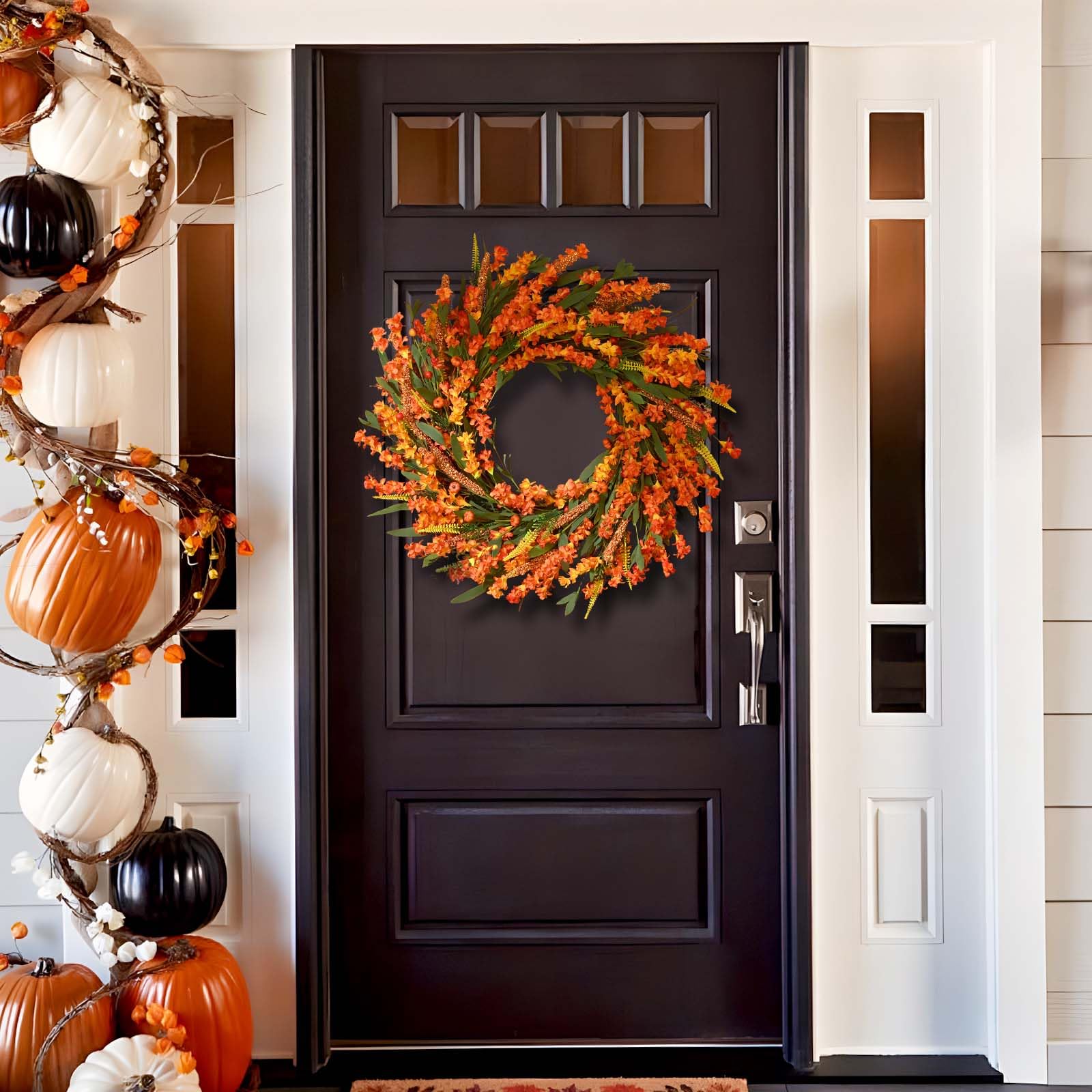 Waipfaru Fall Wreaths for Front Door Outside, 22 Inch Autumn Wreath with Orange Yellow Forsythia Flower Pumpkin, Autumn Decorati