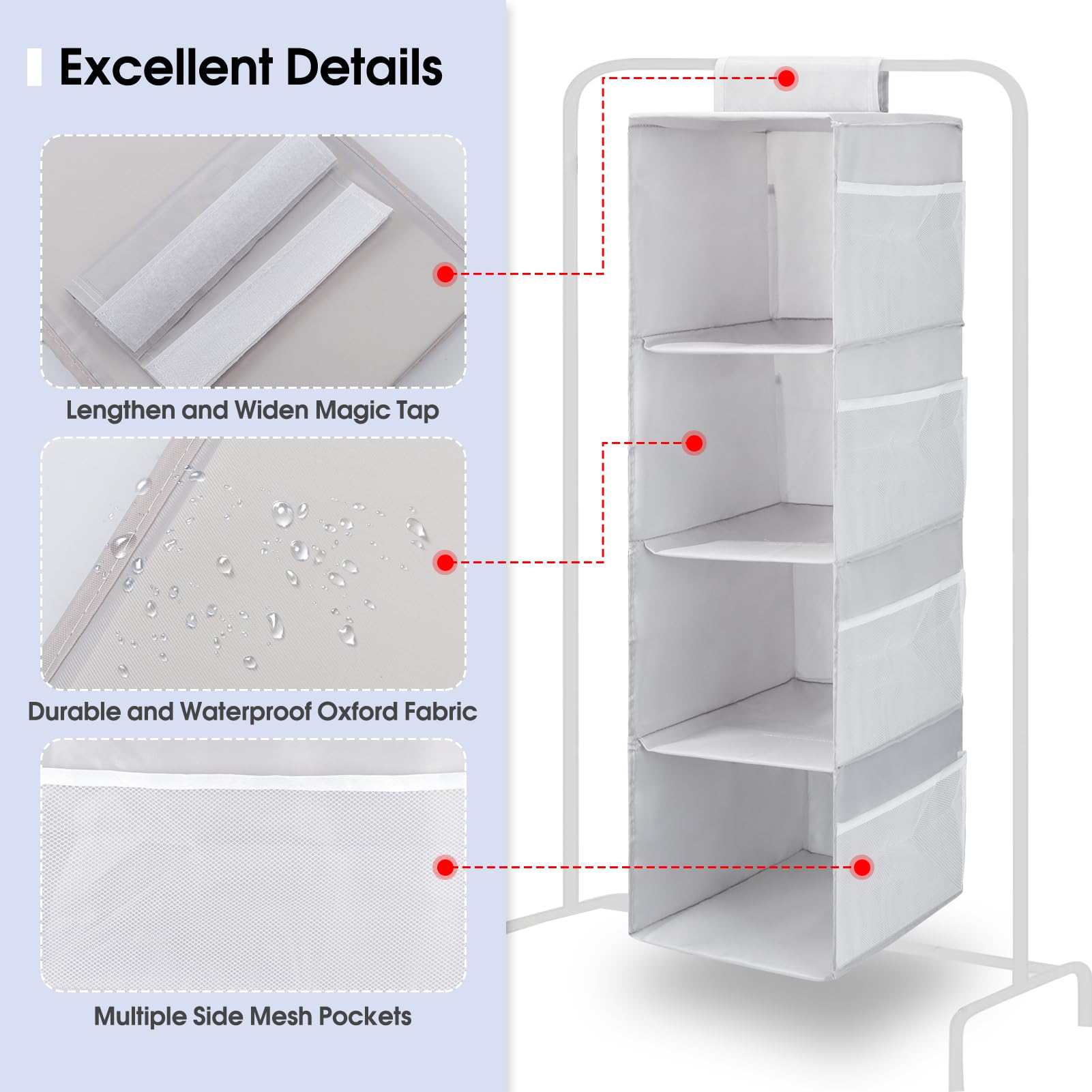 Petshome 4-Shelf Hanging Closet Organizer, Space Saver, Closet Hanging Storage Shelves With Mesh Pockets & Magic Tap For Storage