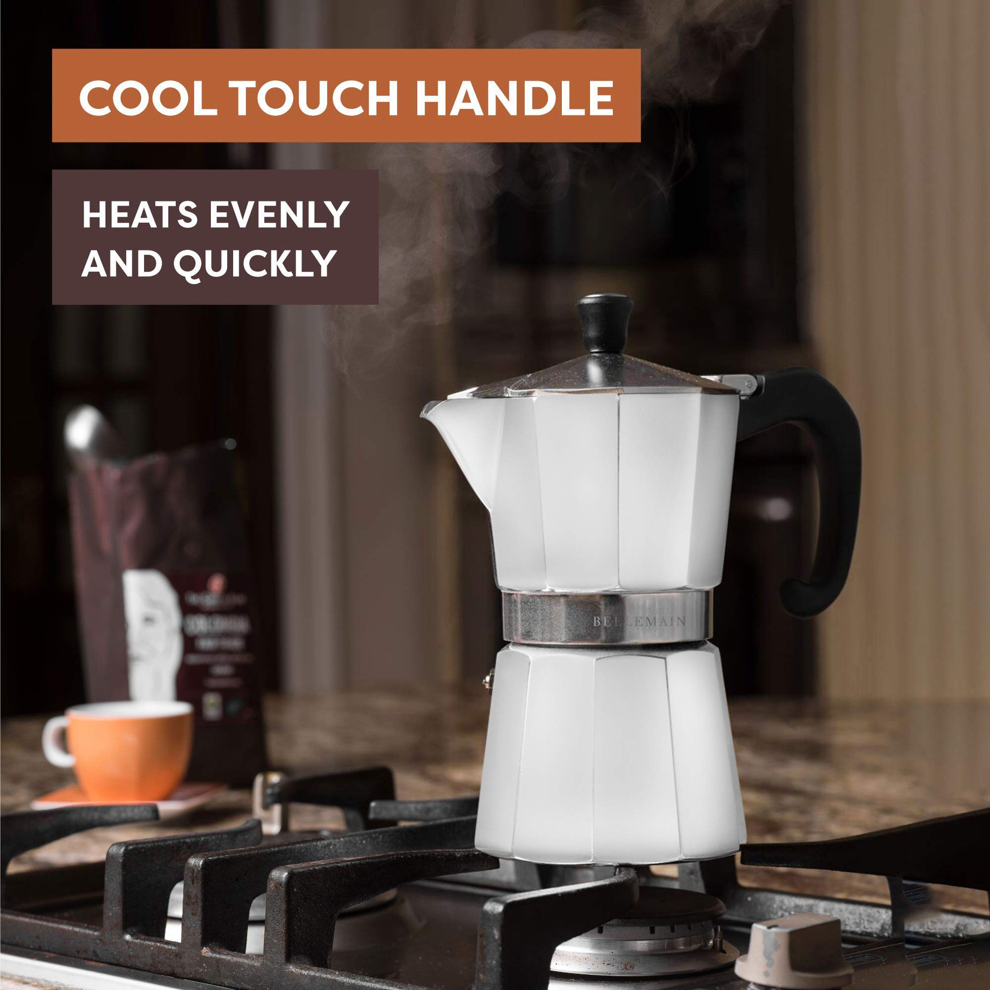 Bellemain Stovetop Espresso Maker Moka Pot, 3 Cup, Aluminum, White, Model 810046310212