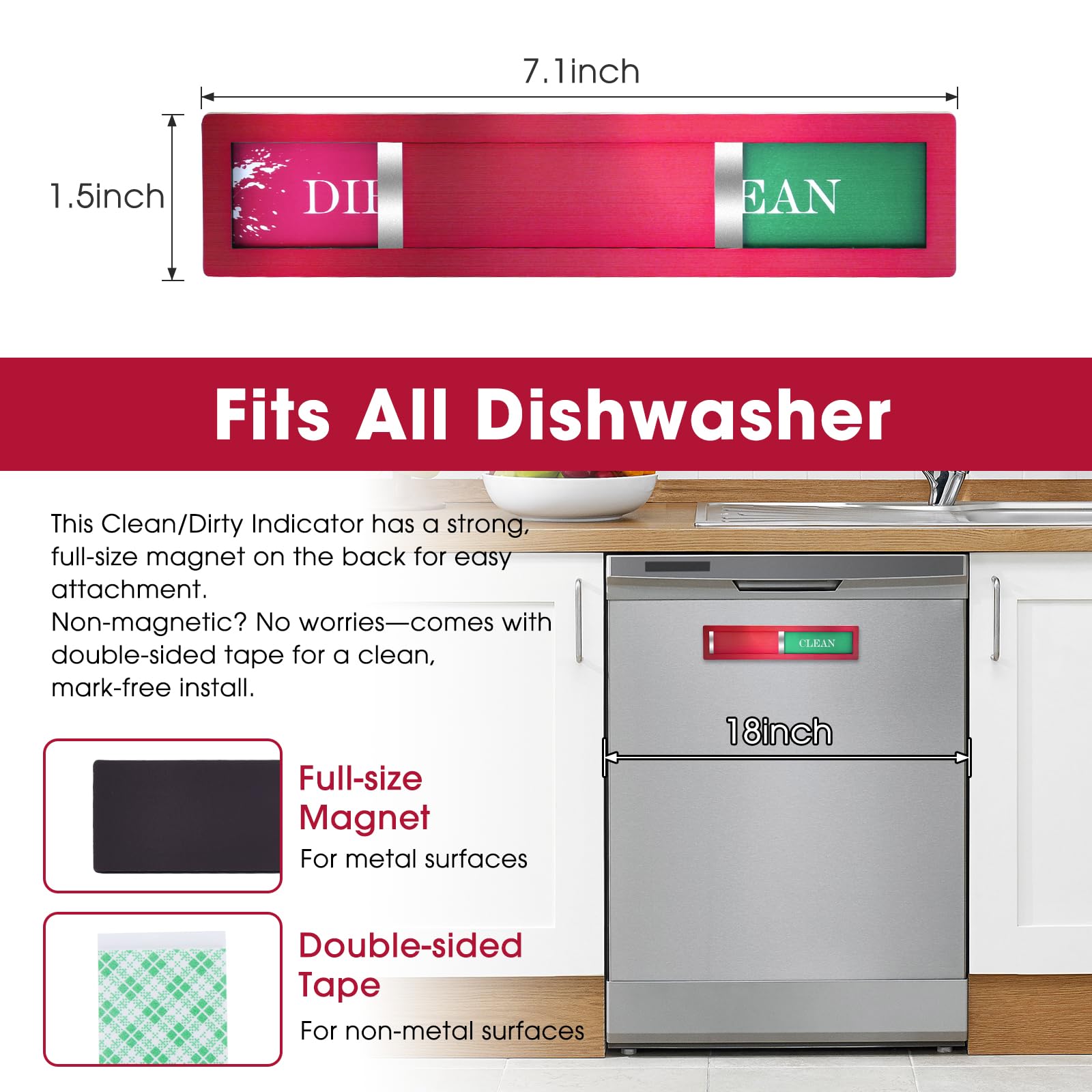 Christmas Red Dishwasher Magnet Clean Dirty Sign - Festive Clean/Dirty Indicator with 304 Stainless Steel Magnet & Strong Adhesi