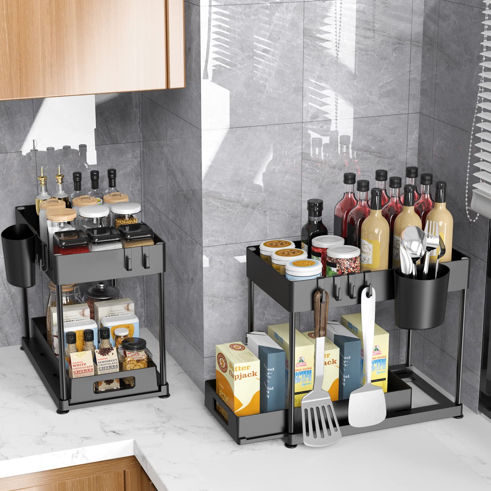 Kjfeoiye Under Sink Organizers And Storage, 2 Pack Large Capacity Heavy Load Pull-Out Under Sink Shelves With Sliding Drawer For
