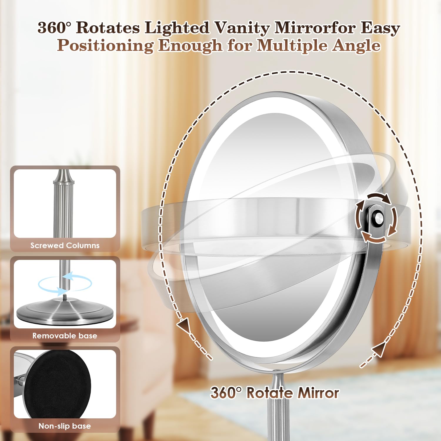 VESAUR 15X Magnifying Mirror with Light - 9.5" HD Double-Sided, Rechargeable, 360° Swivel, Pearl Nickel Finish, Model D912