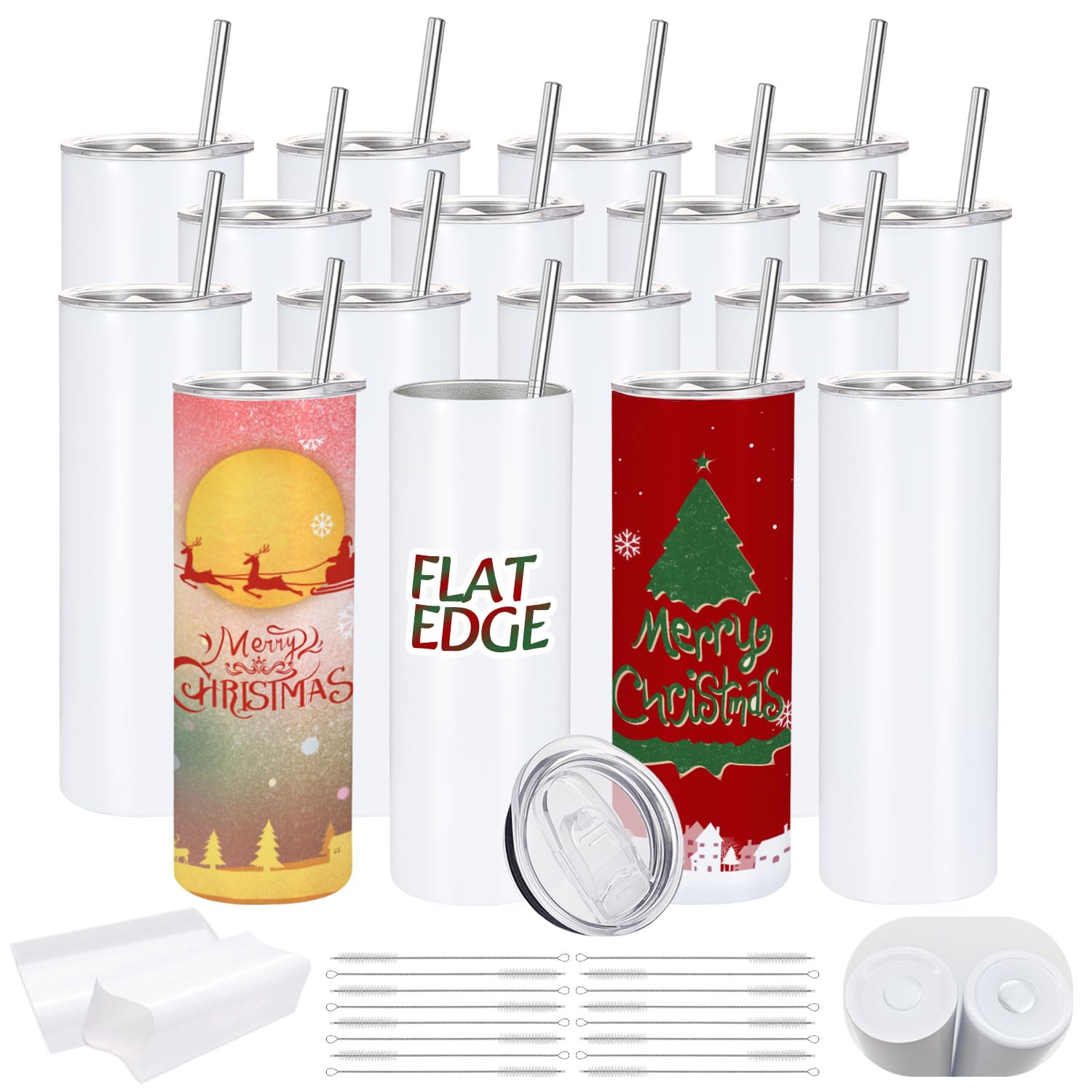 YOUKE OLA 16 Pack Sublimation Tumblers Flat Edge Blanks Skinny Straight Bulk 20 oz, Stainless Steel Double Wall Insulated Sublim