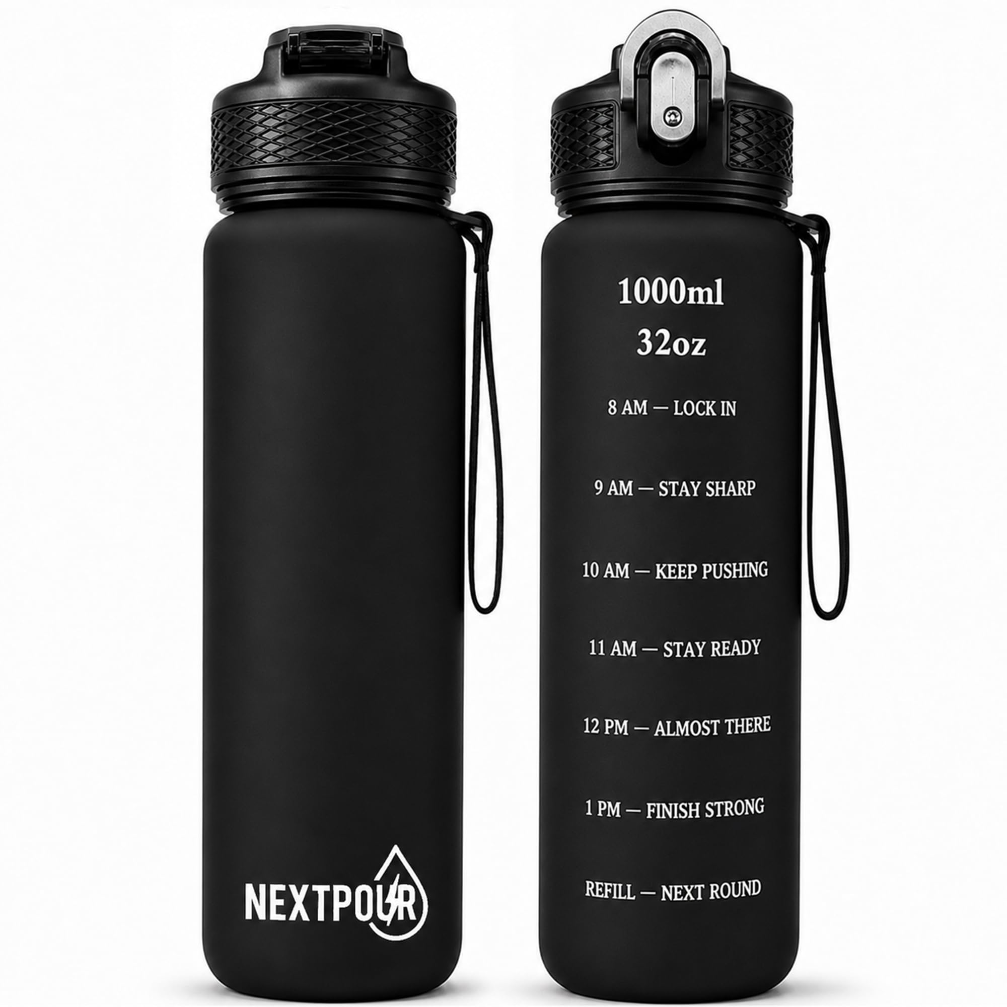 NextPour 32 oz Motivational Water Bottle with Straw BPAFree Tritan Plastic Leak Resistant Sports Water Bottle with Time Marker 