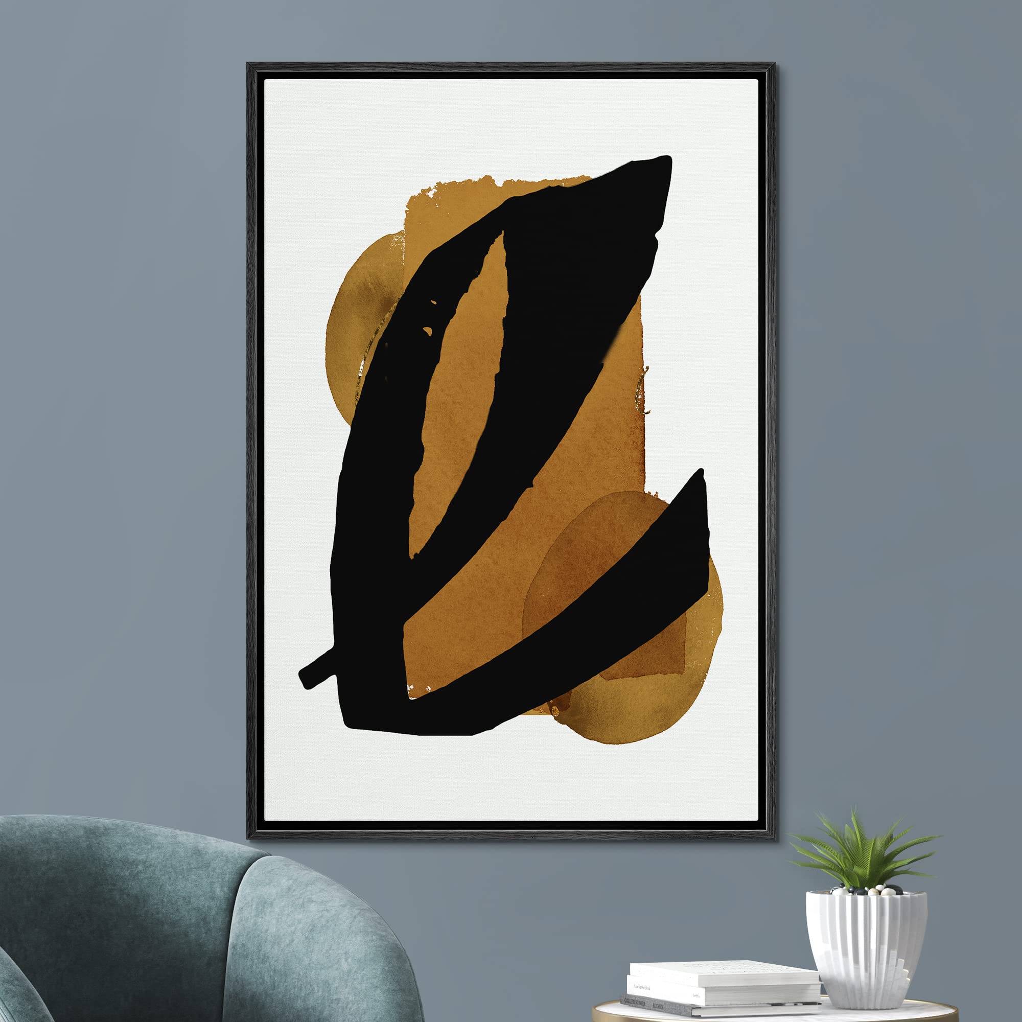 Signford Framed Canvas Print Wall Art Mid-Century Black Brown Pastel Polygons Abstract Shapes Illustrations Modern Art Decorativ
