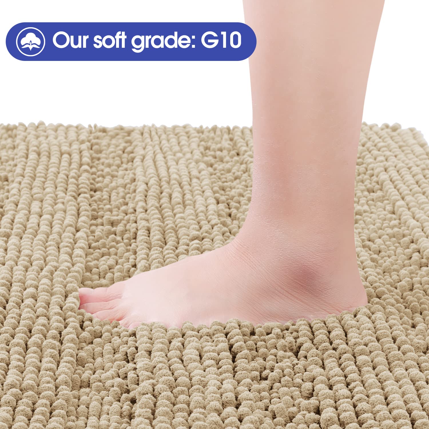 Accumtek Striped Beige Bathroom Rug Set 3 Pieces Ultra Soft, Non Slip Chenille Toilet Mat, Absorbent Plush Shaggy Bath Mats For