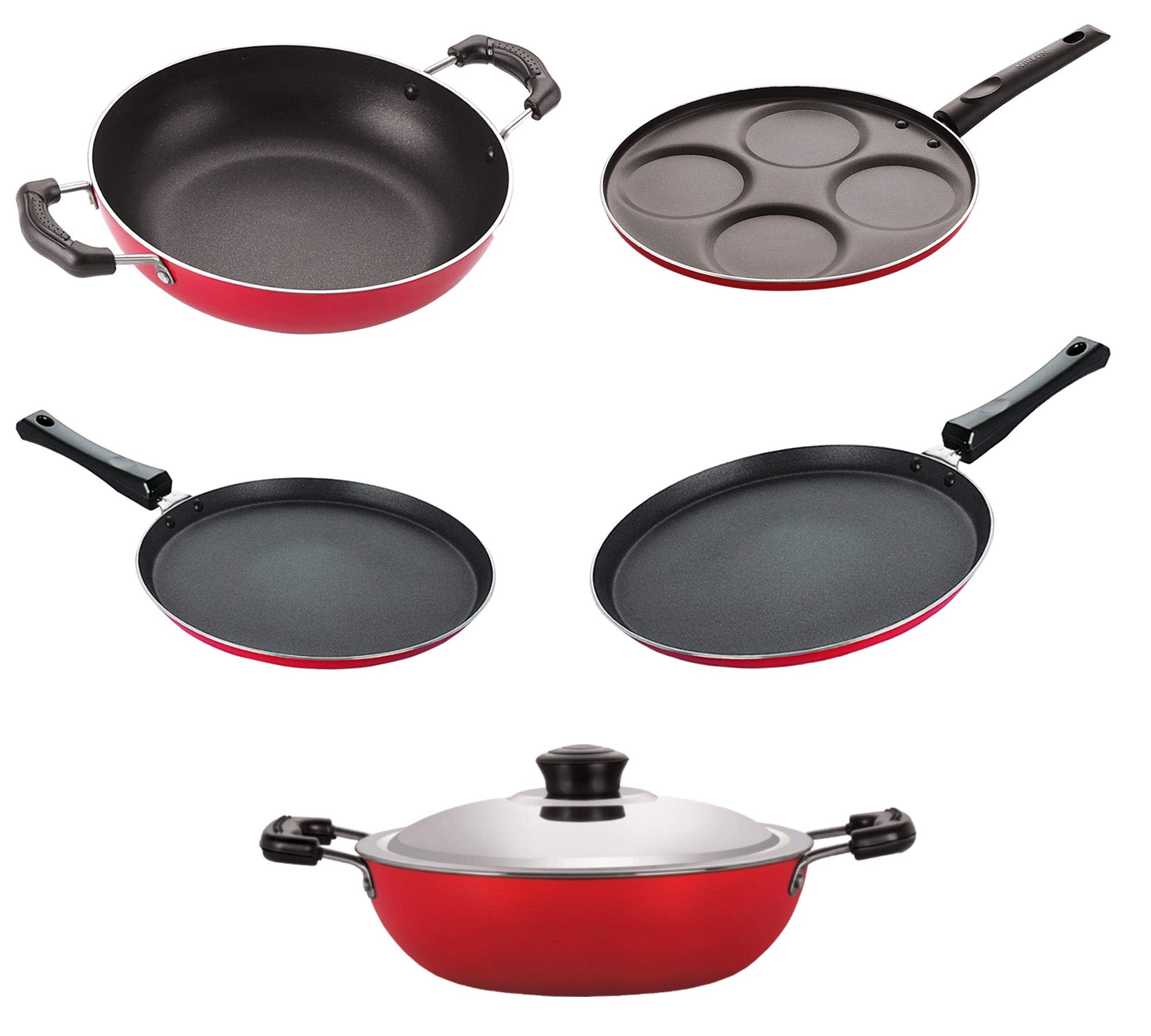 Nirlon Non Stick Cookware Kitchen Accessories For Cooking Combo Set Of 5 Pieces (2.6Mm_Ft13_Ft12_Kd13_Dkdm_Up4)