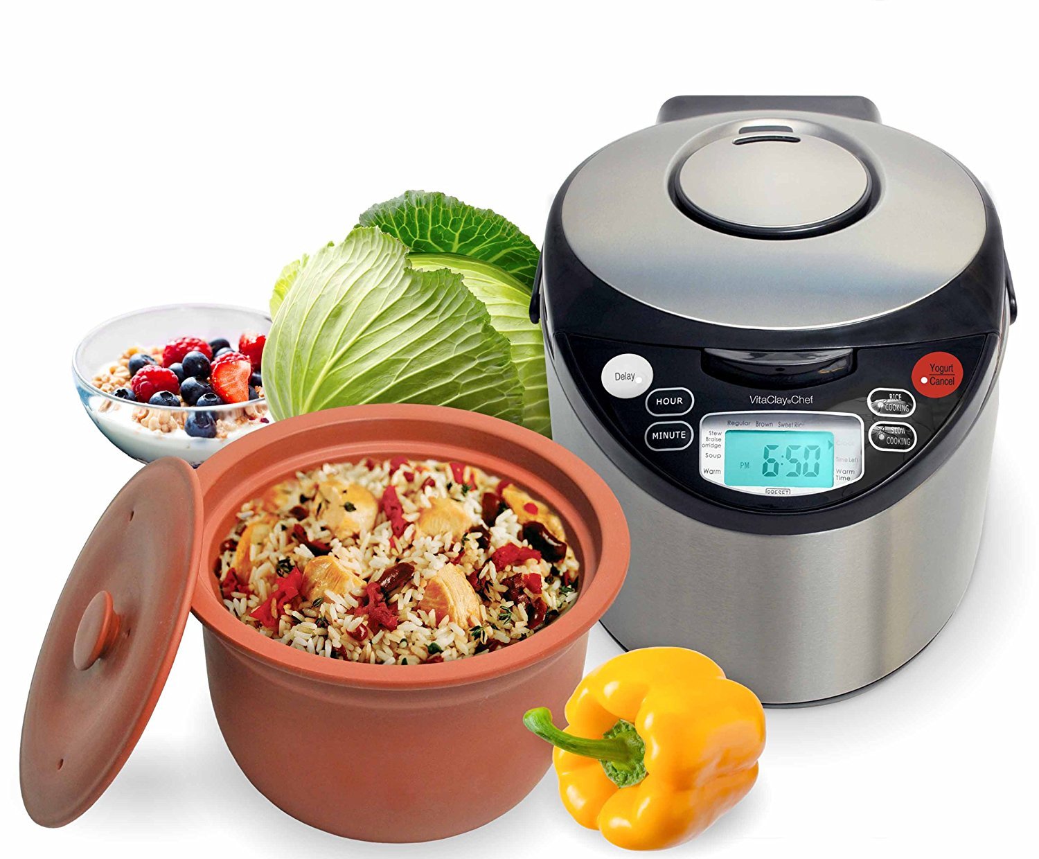 VitaClay Smart Organic Clay Pot Multi Cooker - Toxin Free Clay Rice Cooker, Delay Start Slow Cooker, Stew Cooker, Electric Soup 