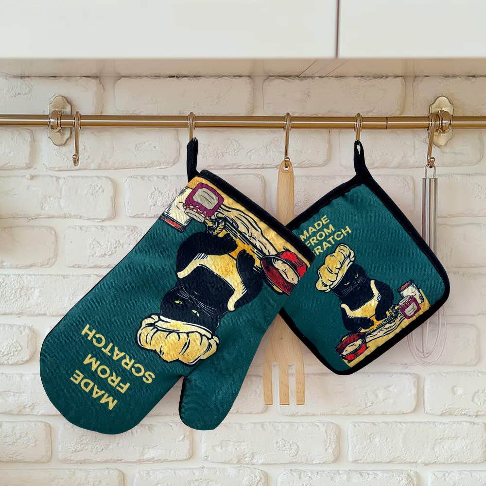 Made From Scratch Oven Mitts And Pot Holders Set Of 2 - Funny Silicone Non-Slip Cat Oven Mitts For Cat Lovers