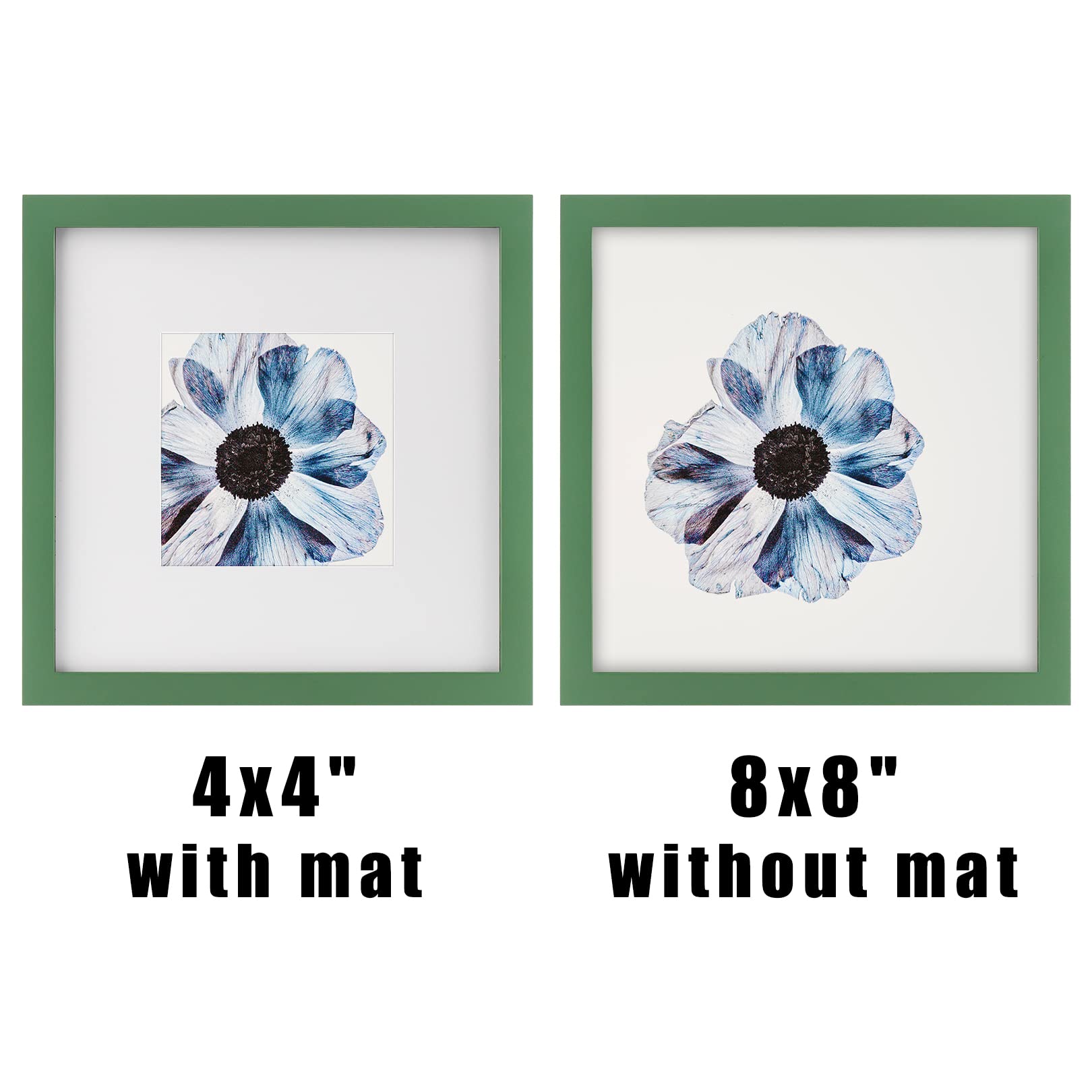 8x8 Green Picture Frames Square Nature Solid Wood 4 Pack for Wall Mounting and Tabletop Display