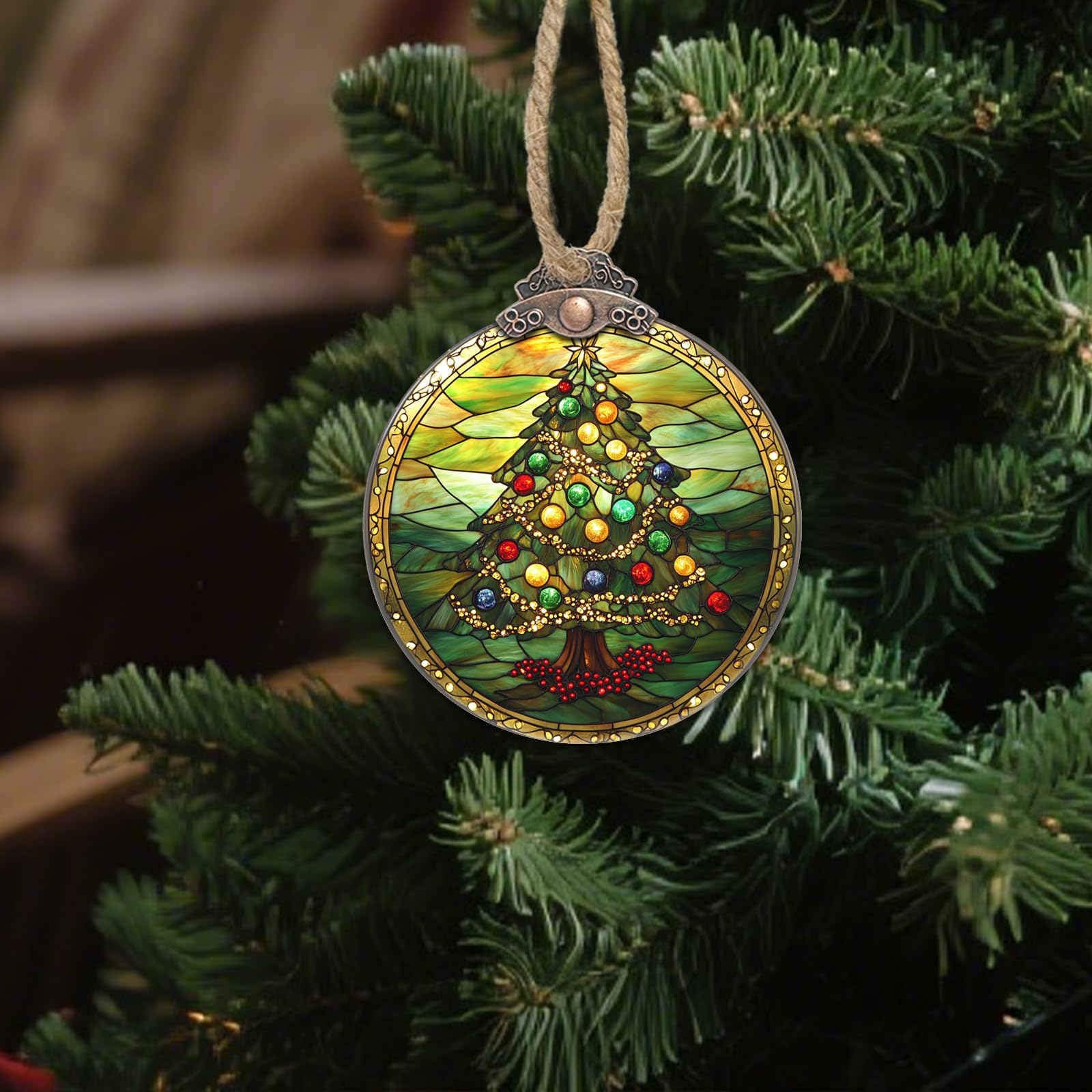 DASTOLL Stained Glass Christmas Decorations, Green Suncatcher for Window Christmas Tree Ribbon Ball Hanging Ornaments Sun Catche