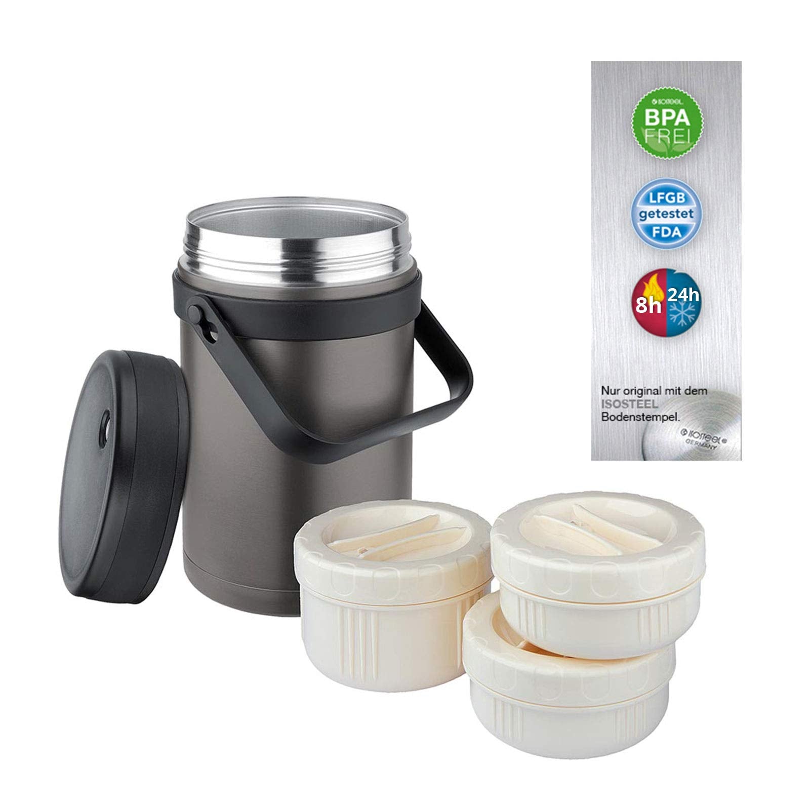 Isosteel Vacuum Food 1.5 L, Dishwasher Proof, 18/8 Stainless Steel, Plus 3 Plastic containers-Suitable for Micro Wave, Titanium 