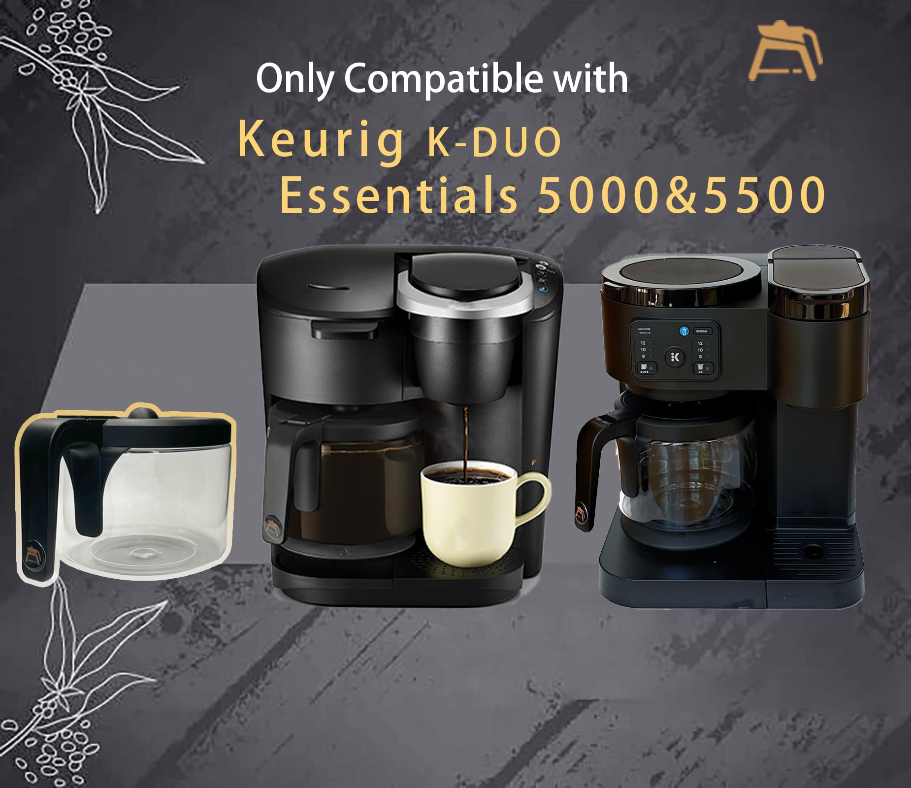Replacement For Keurig K-Duo Essentials 5000 & 5500 12 Cups Glass Coffee Carafe (Not Fit K-Duo 5100 Model), Fit With Keuirg Coff