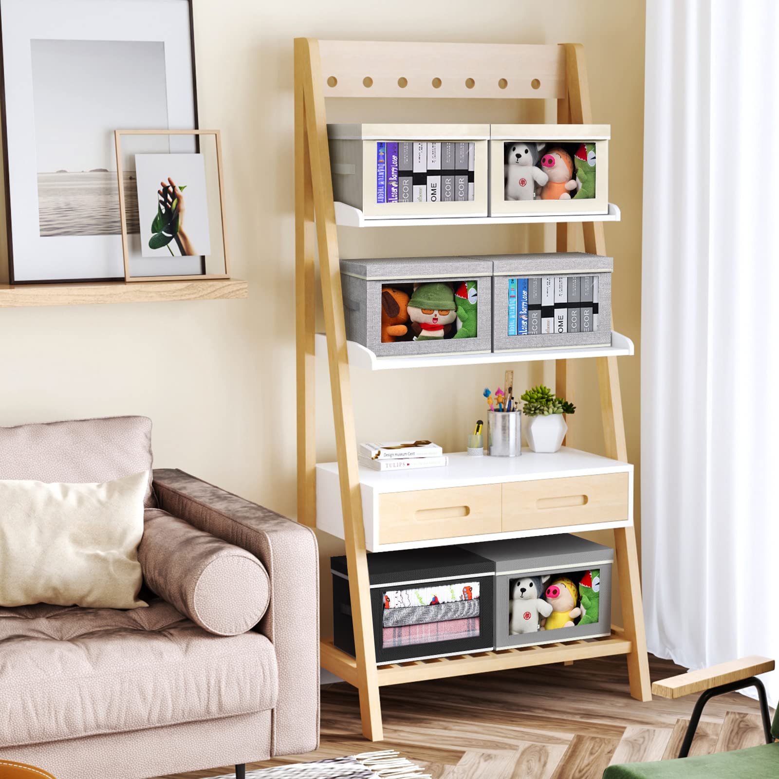 homsorout Fabric Storage Bins with Lids  4 Pack Storage Bins for Shelves  Closet Storage Baksets with Handles  Collapsible Storage Cubes with Window  Decorative Storage Boxes for Toys  Clothes  Beige