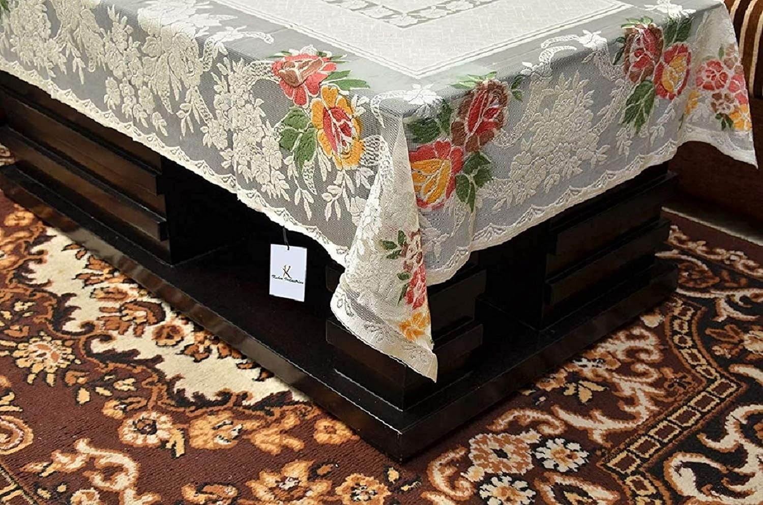 Kuber Industries Shining Leaf Design Cotton 6 Seater Dining Table Cover - Cream