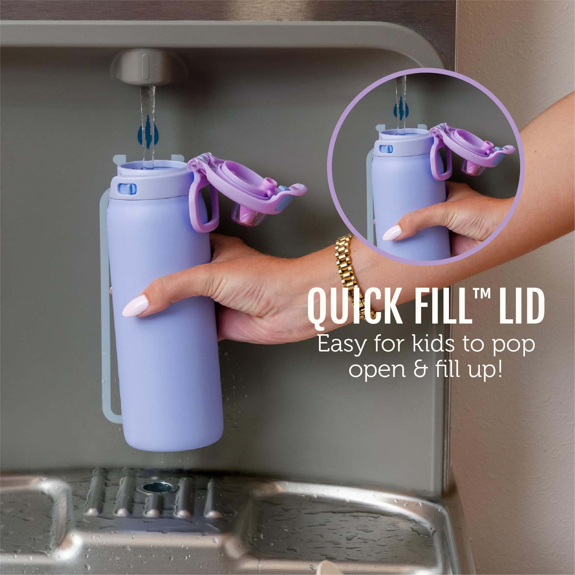 Ello Kids Pop & Fill 18oz Stainless Steel Water Bottle with Quick Fill Technology, Double-Wall Vacuum Insulation, Leak Proof Loc