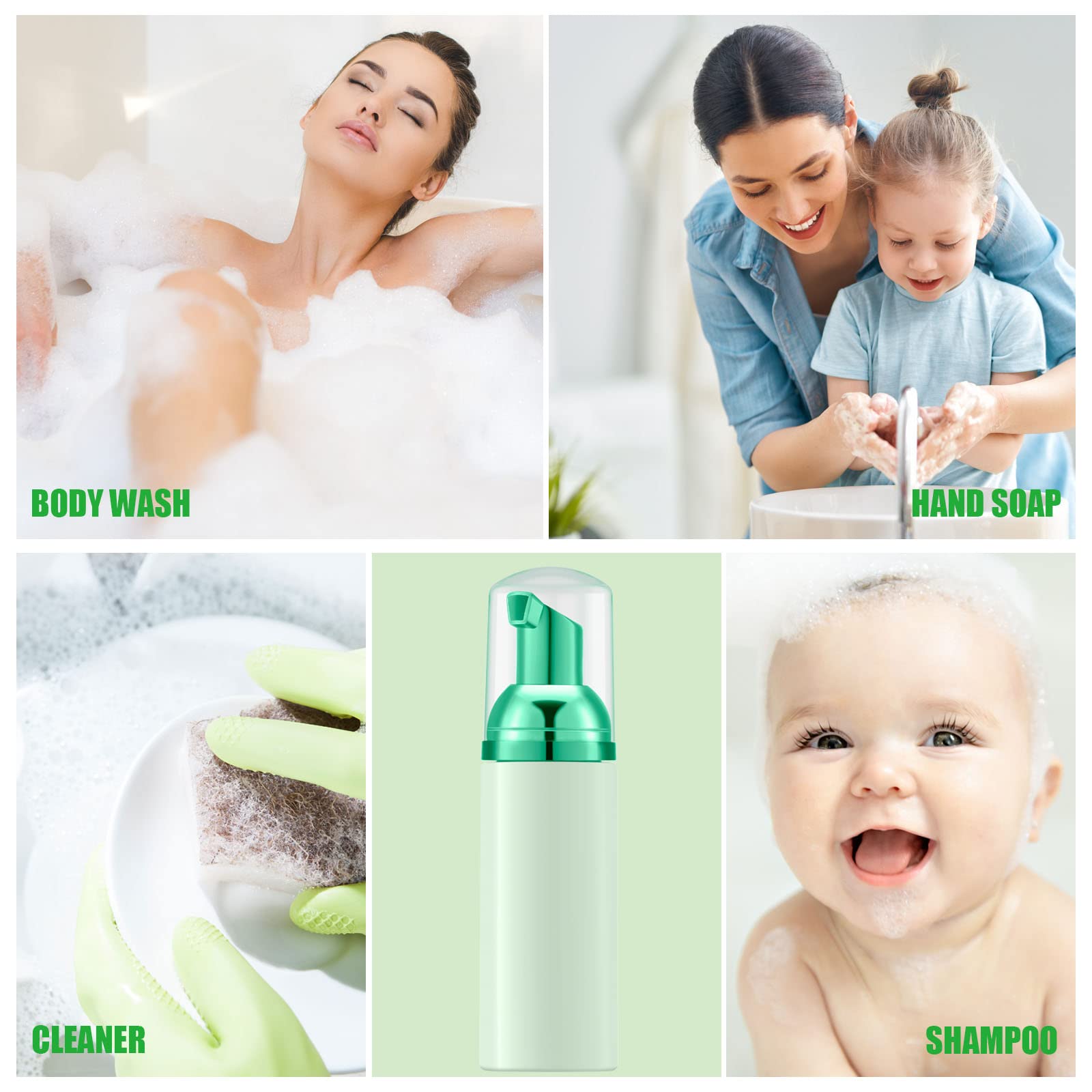 Lil Ray 2 Oz Empty Green Foam Pump Bottle, Travel Foamer Soap Dispenser For Lash Shampoo, Hand Soap, Foaming Cleaner(Green Pump,