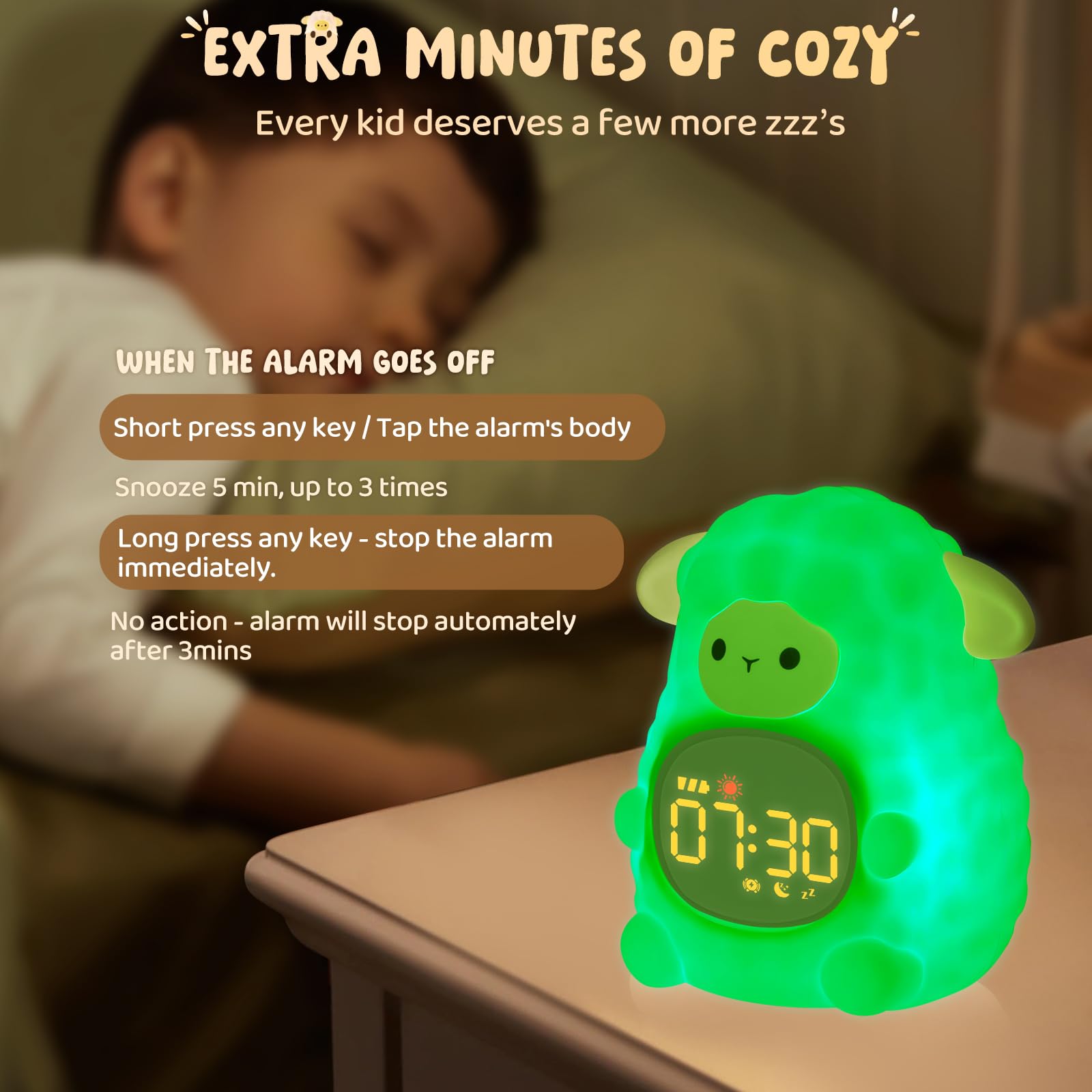 Sheep Alarm Clock with Night Light for Kids with Sleep Training and Sound Machine, Rechargeable Silicone Lamp OK to Wake Clock,C