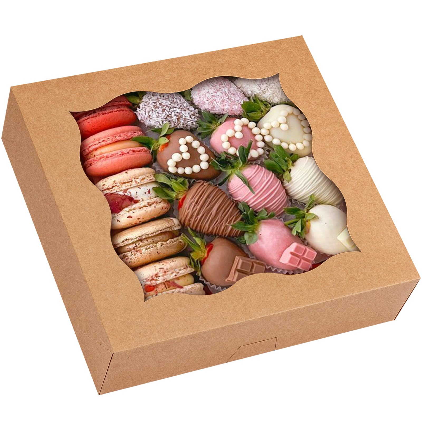 Moretoes 25pcs Pie Boxes, 12x12x3 Inch Auto-Popup Brown Bakery Boxes with Window for Pie, Cookie Cake, Treats, Desserts, Donuts,