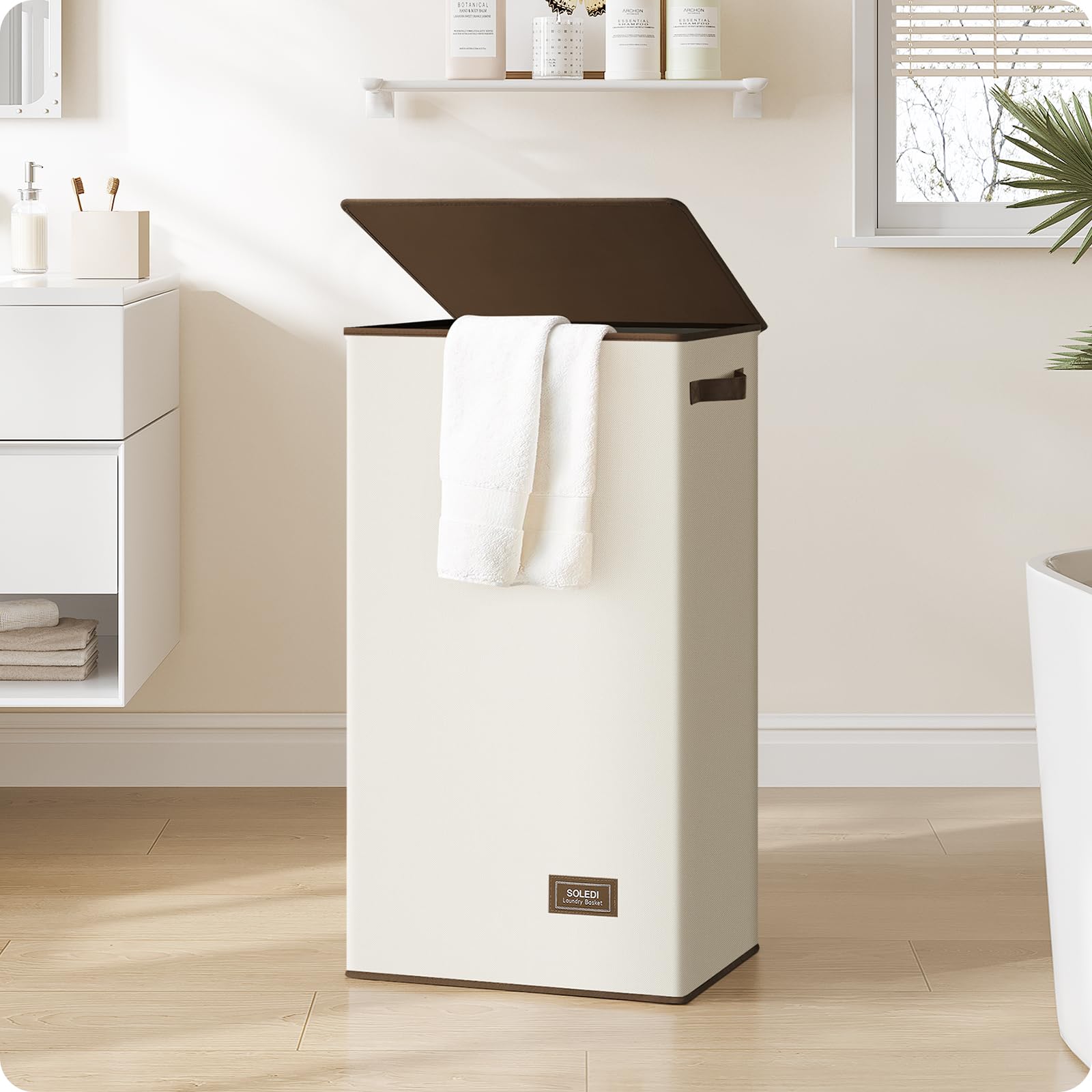 SOLEDI Laundry Hamper with Lid - 100L XL - Large Laundry Basket with Removable Bag  Collapsible Laundry Baskets  Convenient Storage - Hampers for Laundry for Bedroom  Bathroom  Closet  Dorm  Off-White