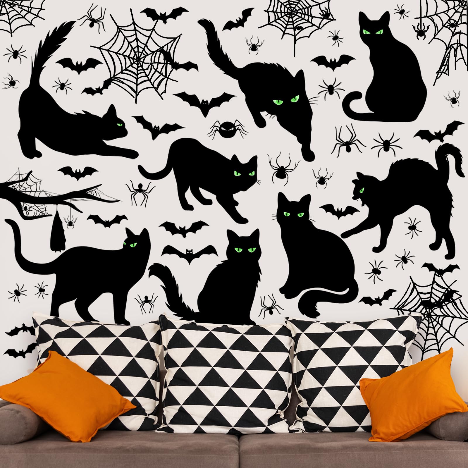 Chivertion 6 Sheets 101 Pcs Halloween Black Cat Wall Sticker Decoration Bats Spiders Web Scary Decals Removable Double Side Wall