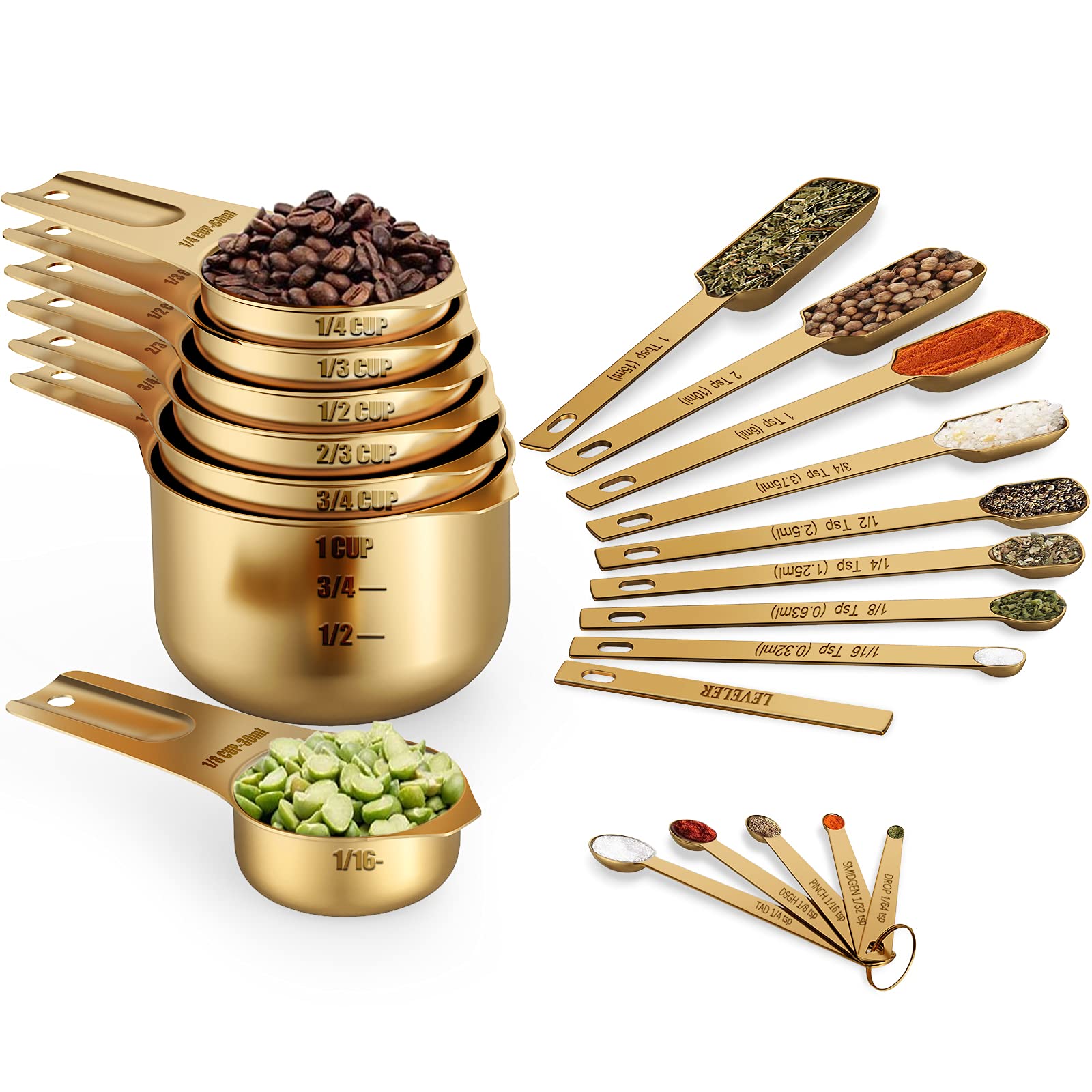 Wildone Copper Plated Measuring Cups & Spoons Set Of 21 - Includes 7 Stainless Steel Nesting Measuring Cups, 8 Measuring Spoons,
