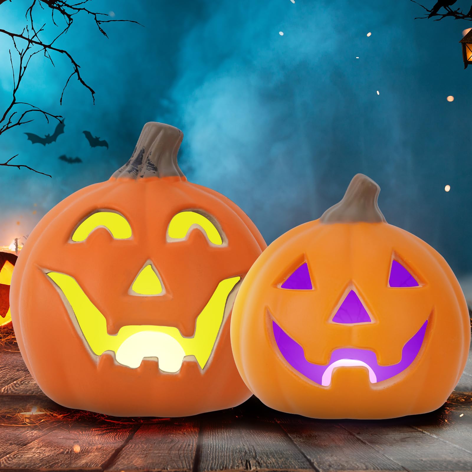 Halloween LED Jack-O-Lantern Lights with Purple Bat Hat, Color-Changing Pumpkin Decor Set of 2 Battery Operated Table Ornaments 