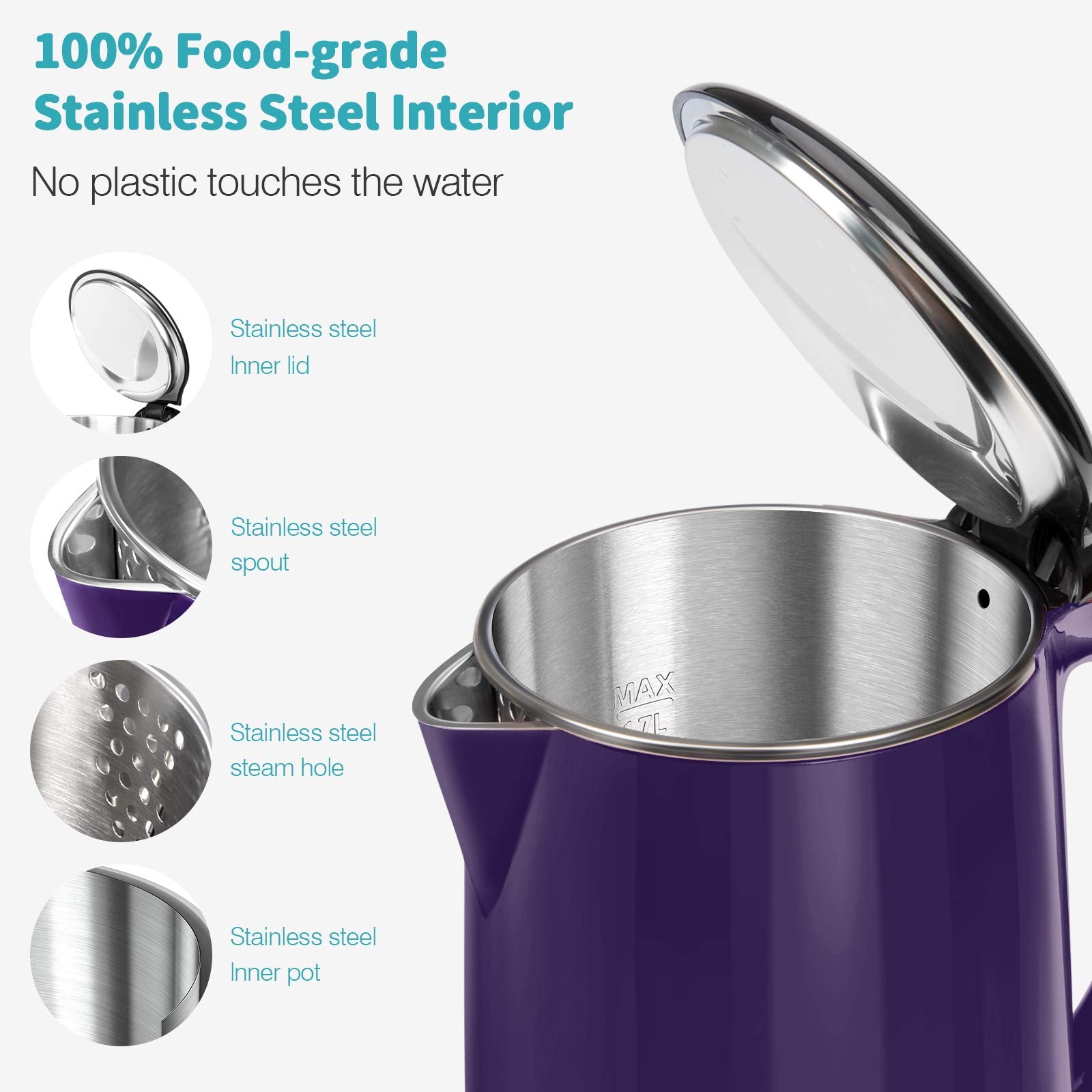 Secura Swk-1701Dp The Original Stainless Steel Double Wall Electric Water Kettle 18 Quart, Dark Purple
