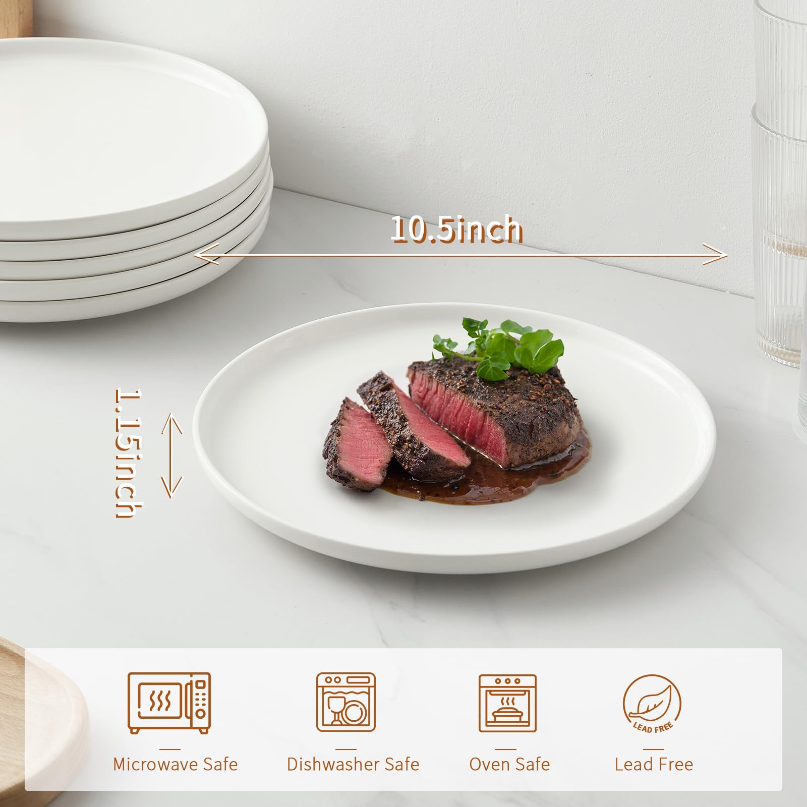 Jassceram 10.5 Inch White Dinner Plates Set Of 6, Ceramic Round Plates For Kitchen Or Restaurant, Modern Dish Set Daily Use - Mi