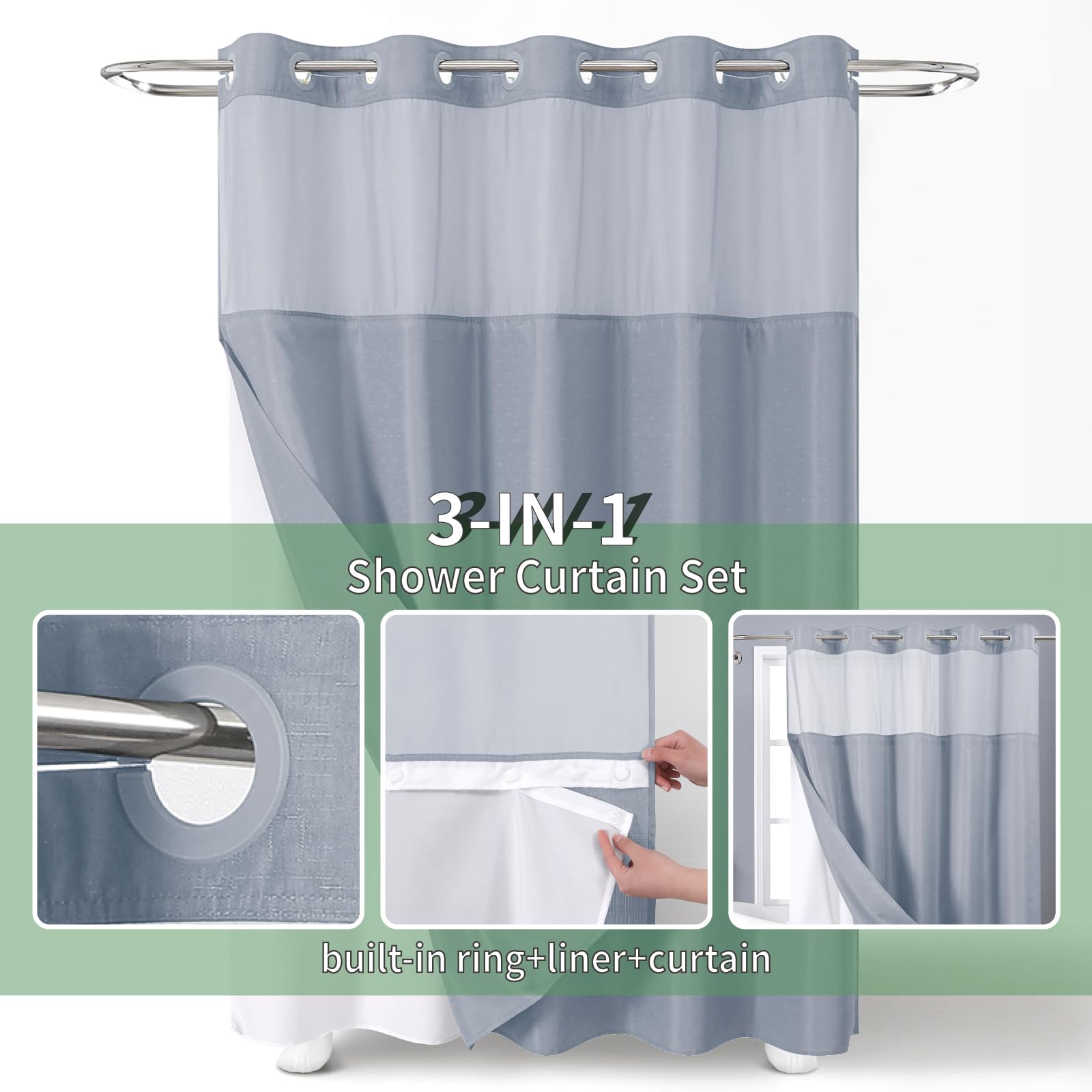 Eachope Blue No Hook Shower Curtain With Snap-In Fabric Liner Set,Slub Textured Fabric Shower Curtains For Bathroom,Hotel Style