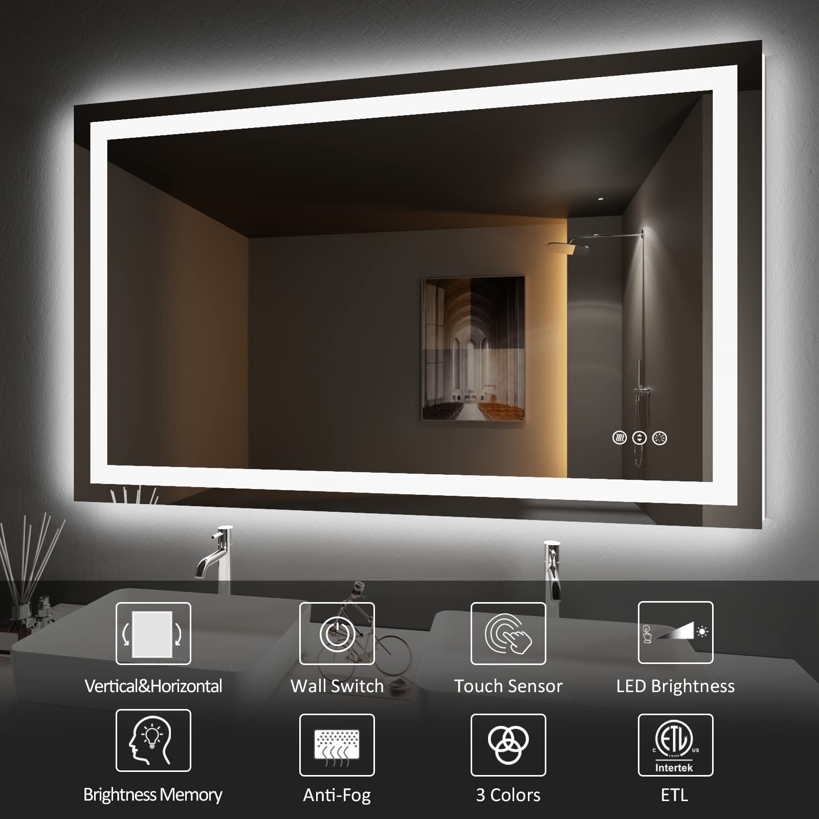 Amorho LED Bathroom Mirror 48''x 30'' with Front and Backlit  Stepless Dimmable Wall Mirrors with Anti-Fog  Shatter-Proof  Memory  3 Colors  Double LED Vanity Mirror (Horizontal/Vertical)