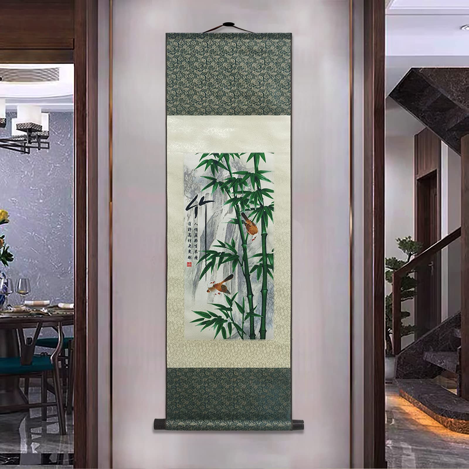 Atfart Asian Wall Decor Beautiful Silk Scroll Painting 4 Righteous Men Flowers - Plum Orchid Bamboo Chrysanthemum Oriental Decor